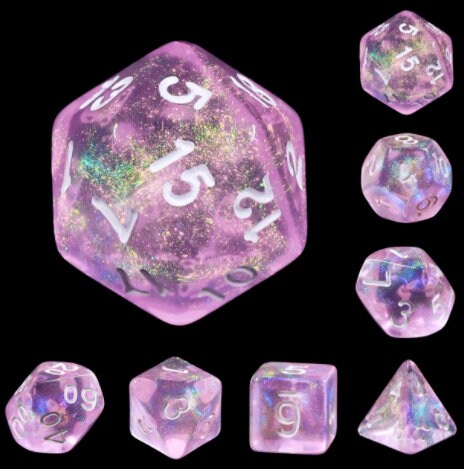 Dawn - Bright shimmering pink dice set - full 7pc set - Glitter Dust Throughout - White Ink - D&D, TTRPGs