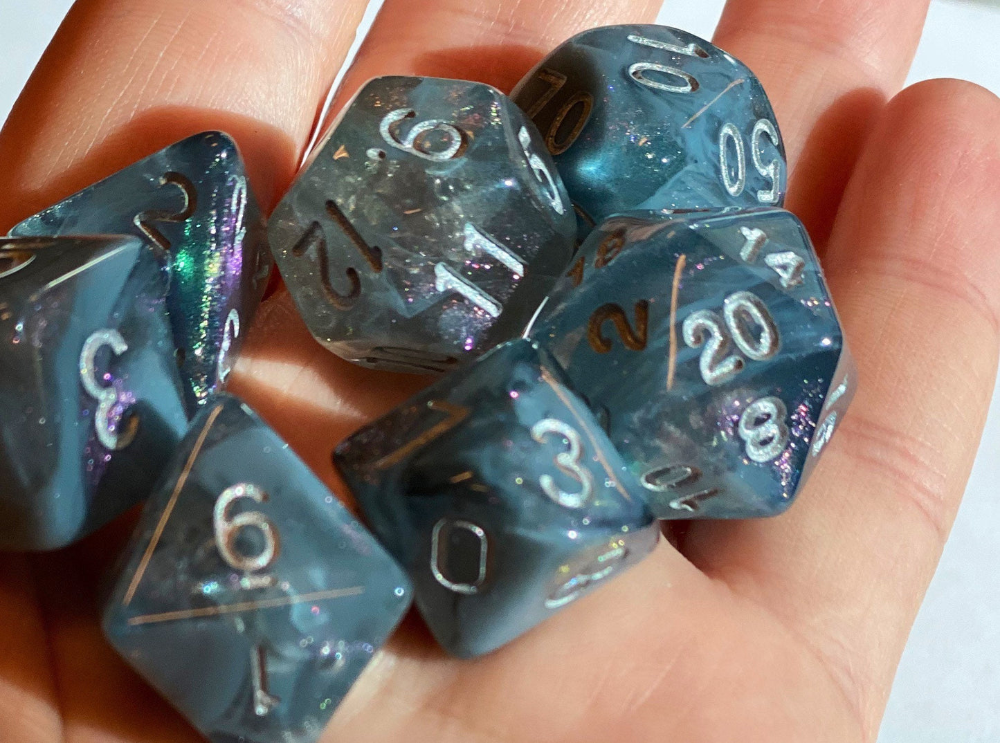Spirit Shroud- Glittering Smoky Gray/Black Swirled 7 Piece Dice Set- Lavender Glitter and Silver Ink - Dungeons and Dragons- TTRPGs
