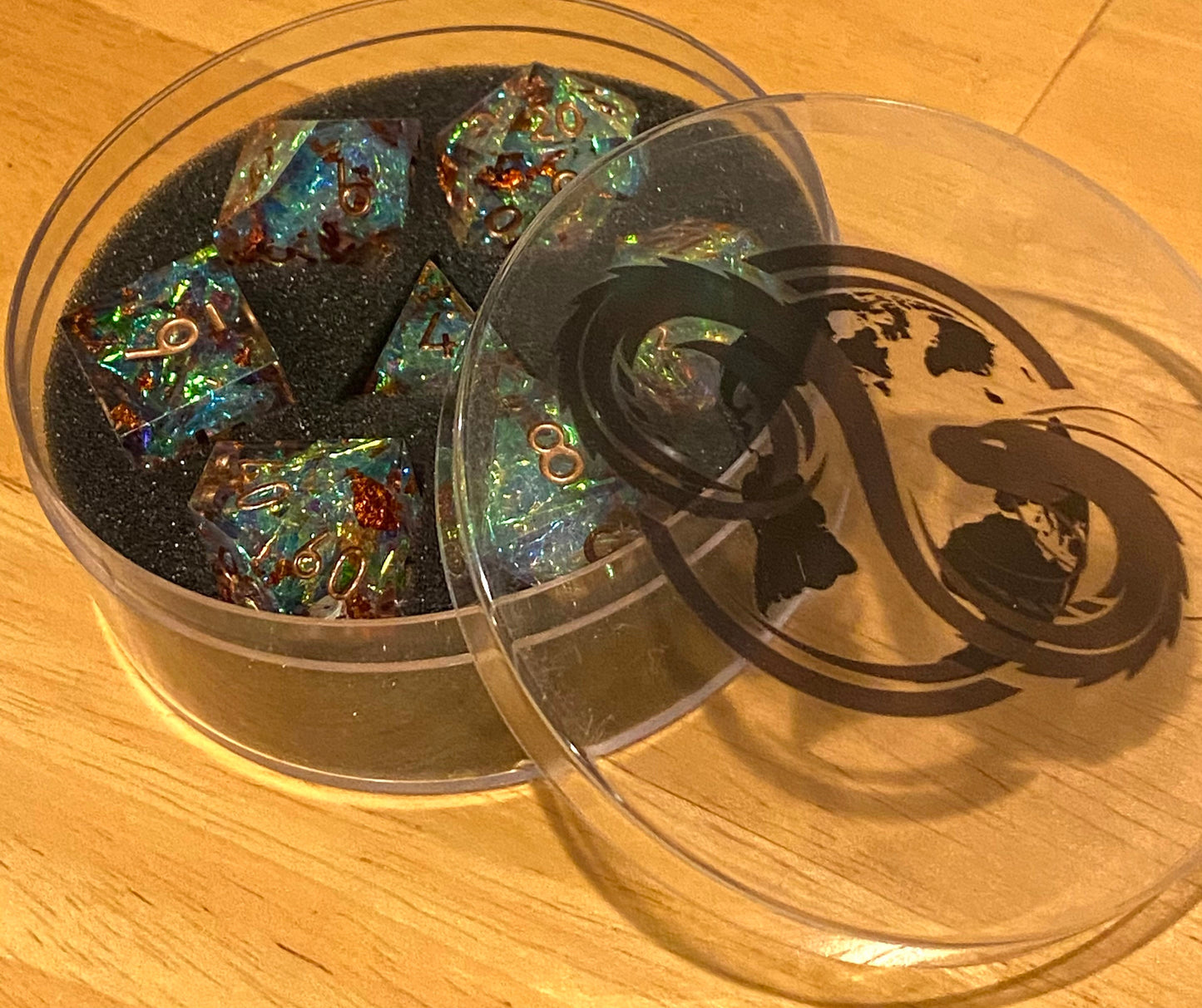 Divine Smite - Dazzlingly Prismatic Translucent Full 7 Piece Dice Set with Copper Foil and Bronze Numbering - Dungeons and Dragons, TTRPGs