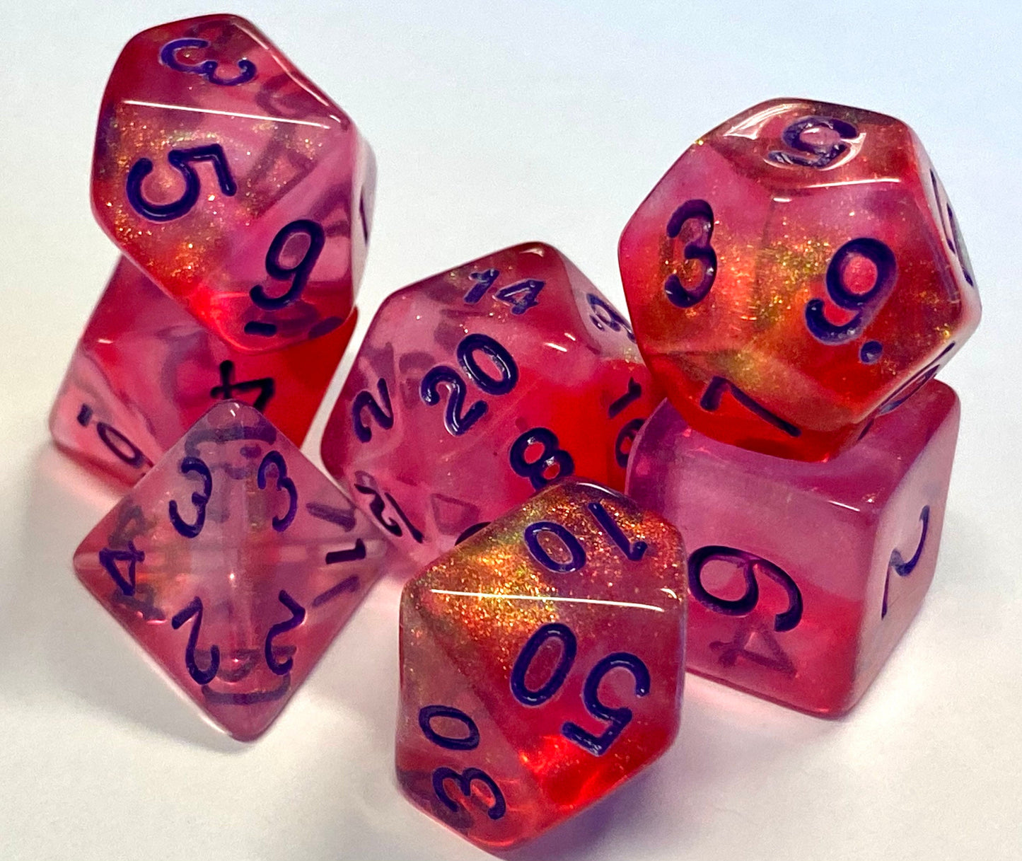 Dream - NEW Shimmering 7 Piece Dice Set - Vibrant Shimmering Pink with Glitter Dust Throughout - Violet Inked Numbering- DnD, TTRPGs