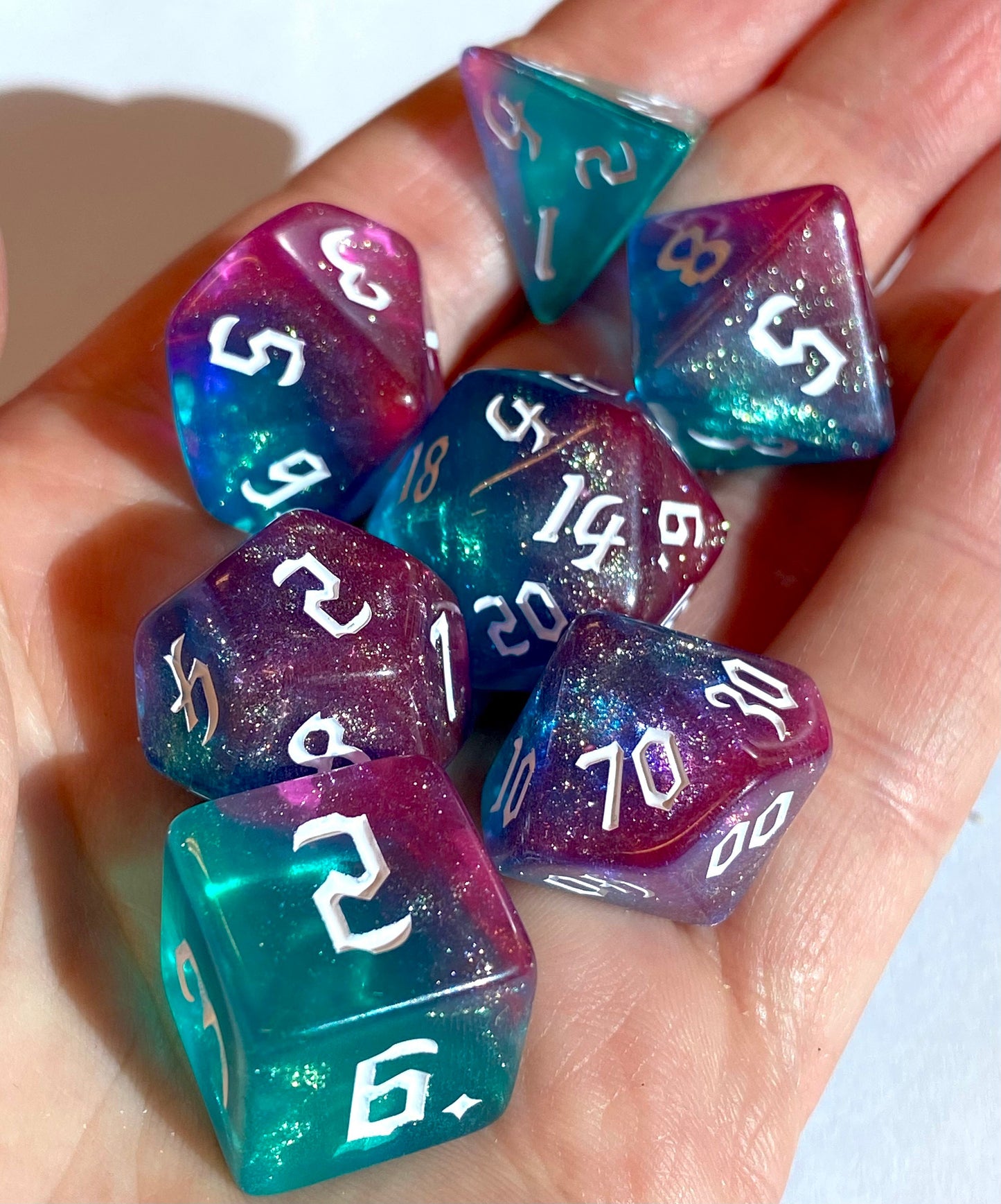 Fey Spirit - Shimmer 7 Piece Dice Set - Vibrant Green/Teal and Violet Blended Glitter Dice- New White Font Numbers- DnD, TTRPGs