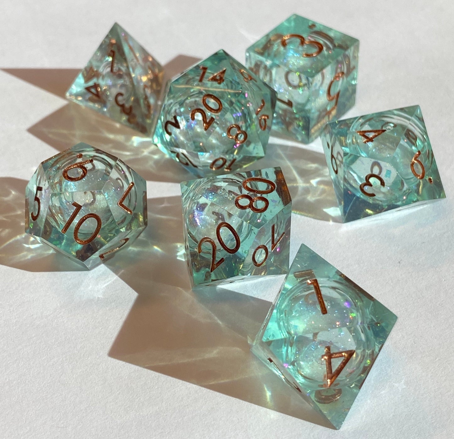 Celestial (Teal)- Liquid Core Dice Set-Translucent With Swirling Iridescent Glitter-DnD, TTRPGs- 7pc/8pc/33mm D20s- Read Description&Options