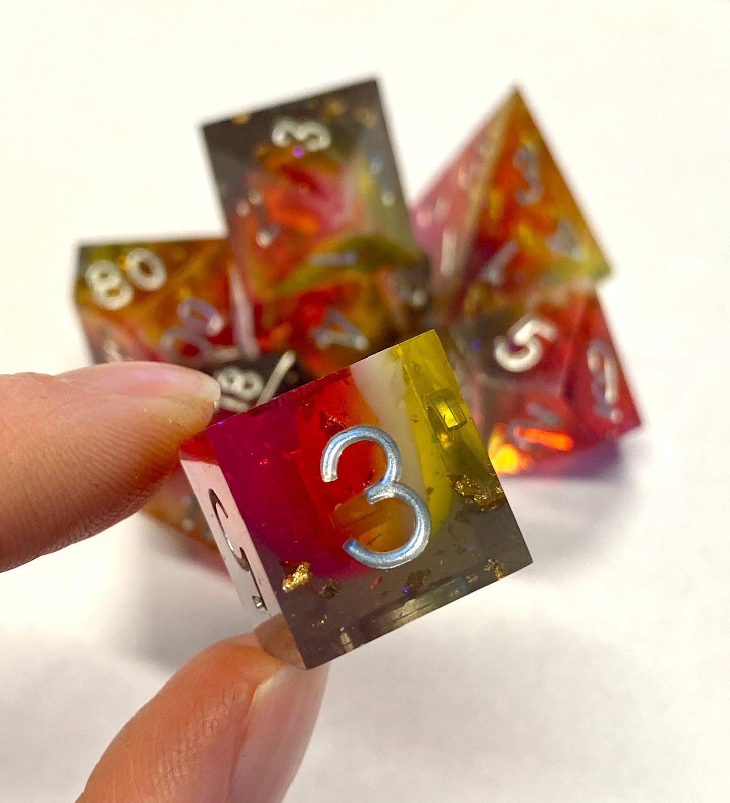 Meteor Swarm - Brightly Glittering Yellow/Red/Orange/Gray Sharp Edge Dice Set- Full 7 Piece With Gold Foil- Silver Ink- DnD Dice, TTRPGs