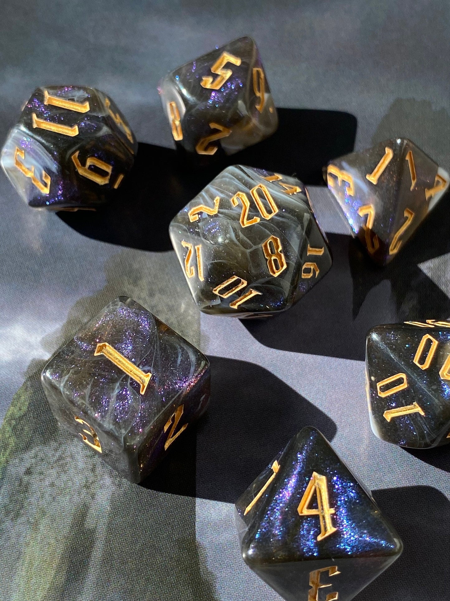 Darkvision - Swirling Black and Gray Shimmer Dice - Full 7 Piece Acrylic Set - Marbled Dark Blend With Violet Glitter Dust - DnD, TTRPGs