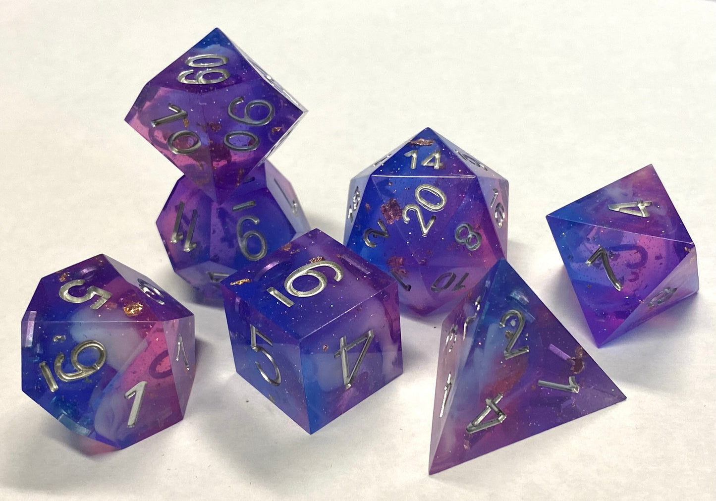 Restoration - Glittering Purple Blended Sharp Edge Dice- Full 7 Piece Set-Glitter and Gold Flake With White Twisting Highlights -DnD, TTRPGs
