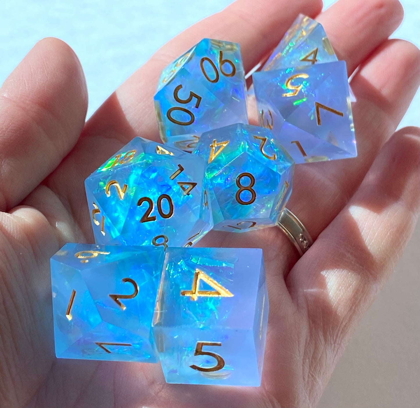 Chill Touch II - Frosty Opal Blue/Lavender Haze 7 Piece Sharp Edge Resin Dice Set - Prismatic Foil Inclusions - Gold Ink- DnD, TTRPGs