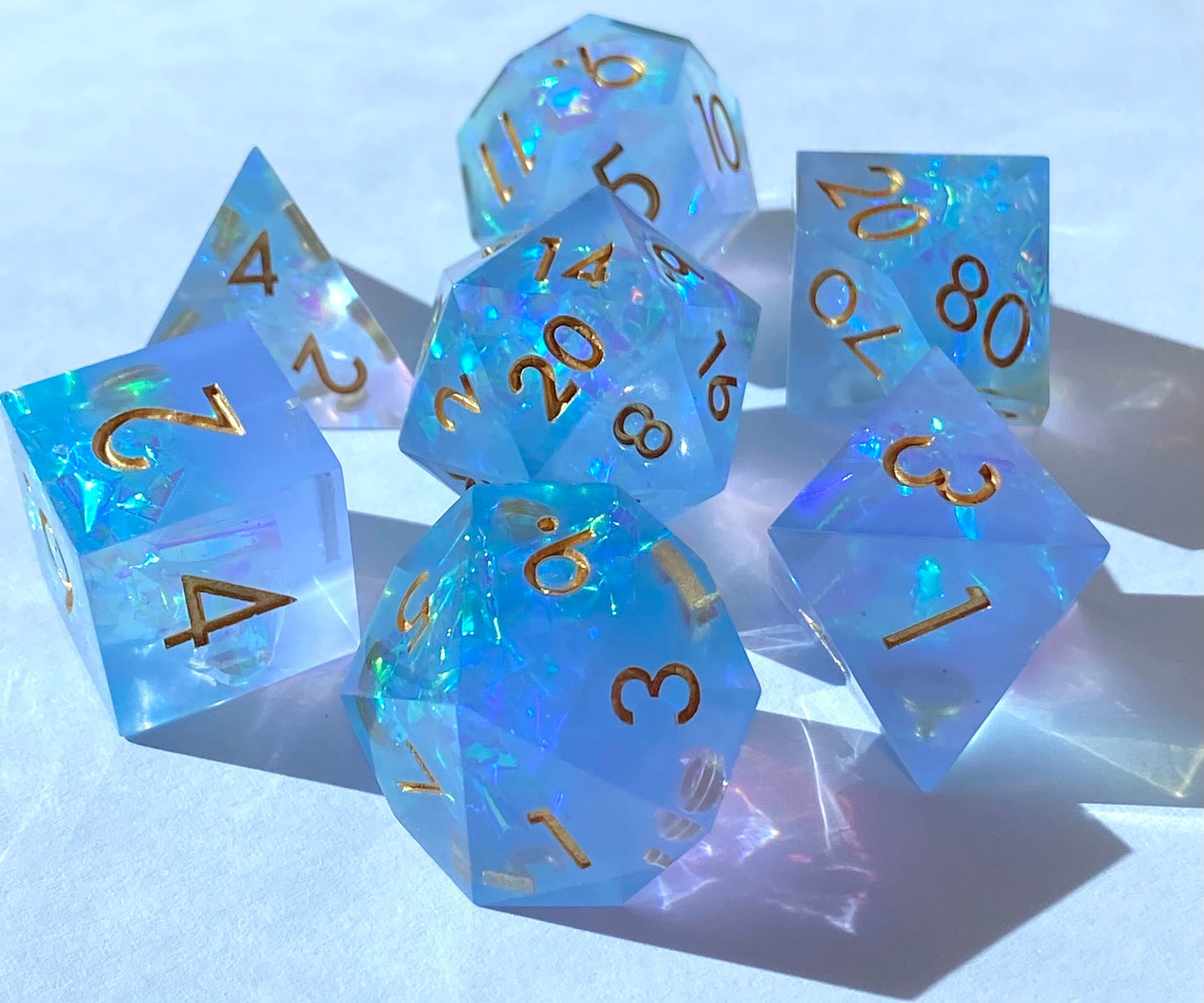 Chill Touch II - Frosty Opal Blue/Lavender Haze 7 Piece Sharp Edge Resin Dice Set - Prismatic Foil Inclusions - Gold Ink- DnD, TTRPGs