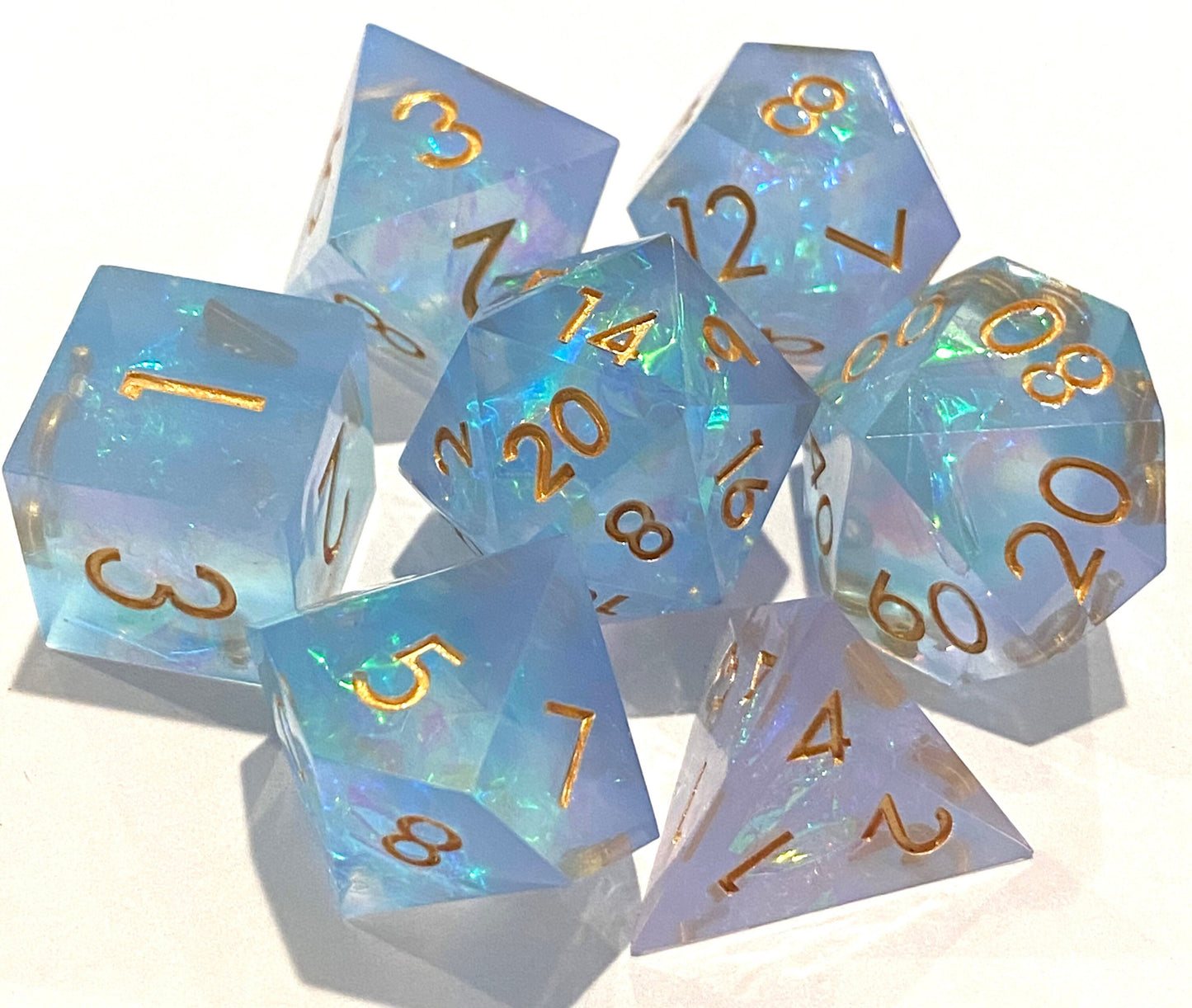 Chill Touch II - Frosty Opal Blue/Lavender Haze 7 Piece Sharp Edge Resin Dice Set - Prismatic Foil Inclusions - Gold Ink- DnD, TTRPGs