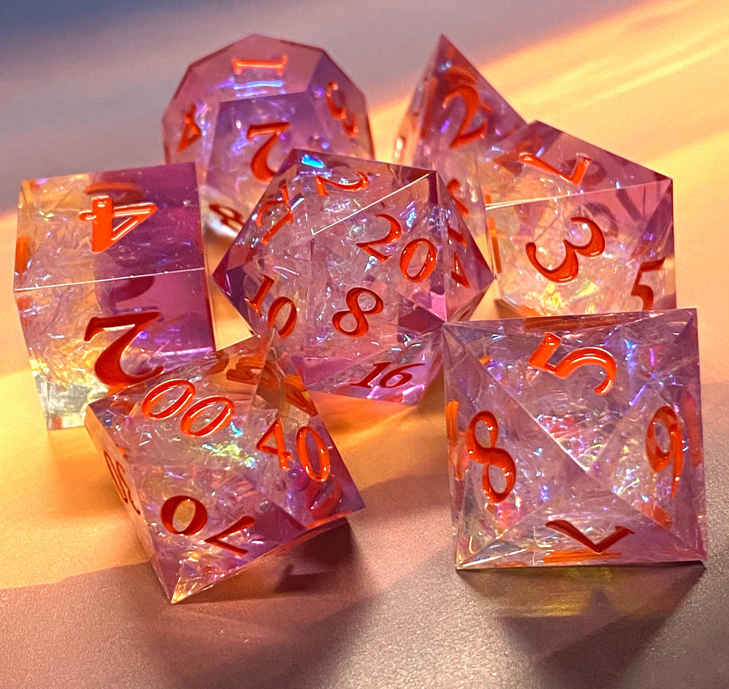 Radiance- Prismatic Pink/Translucent Sharp Edge 7 Piece Dice Set - Pink Resin With Iridescent Foil - Dark Pink Ink - DnD, TTRPGs