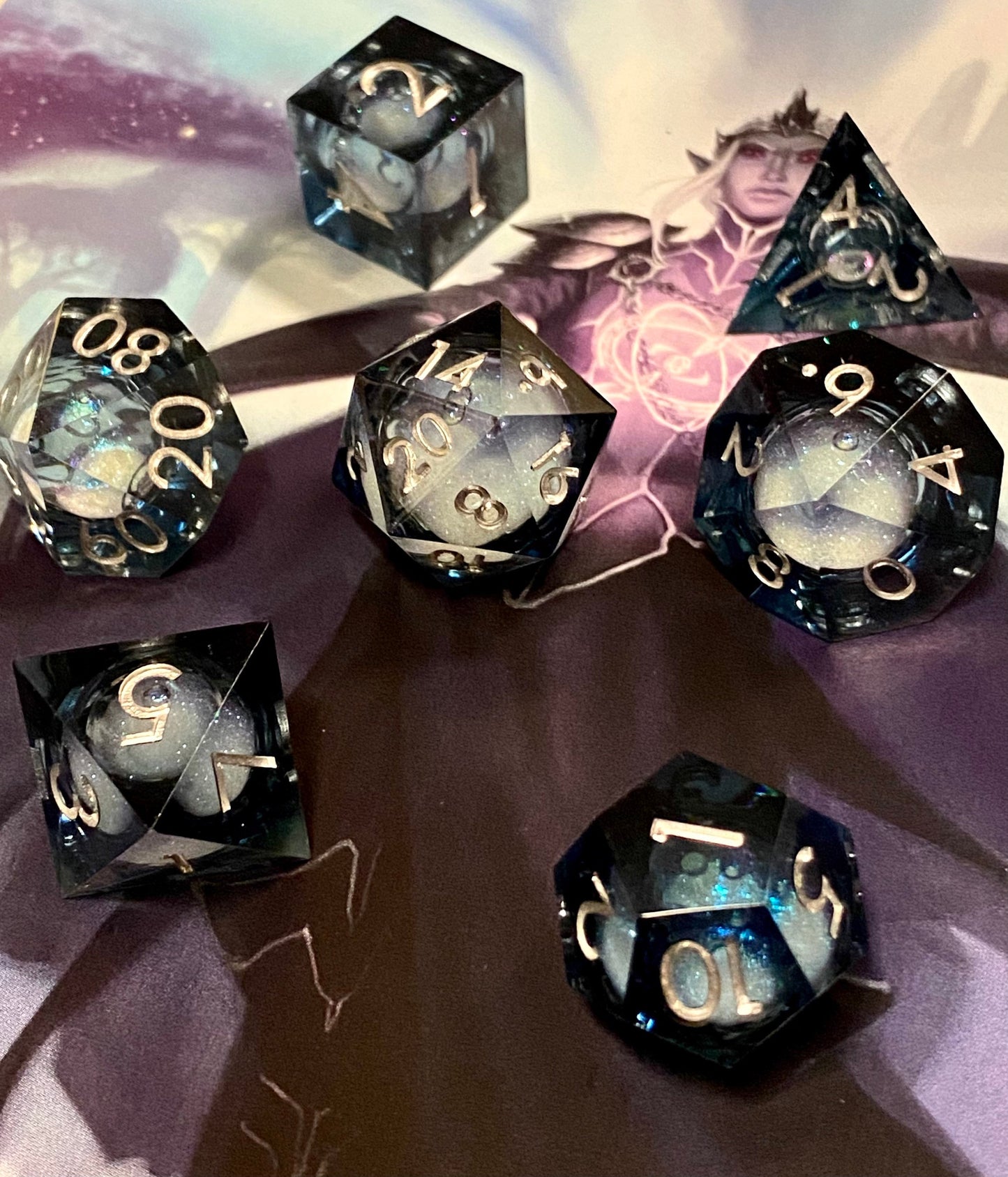Celestial: Dark Horizons - Liquid Core FULL 7 Piece Set- Dark Translucent w/ Swirling Iridescent Glitter-TTRPGs- Read Description