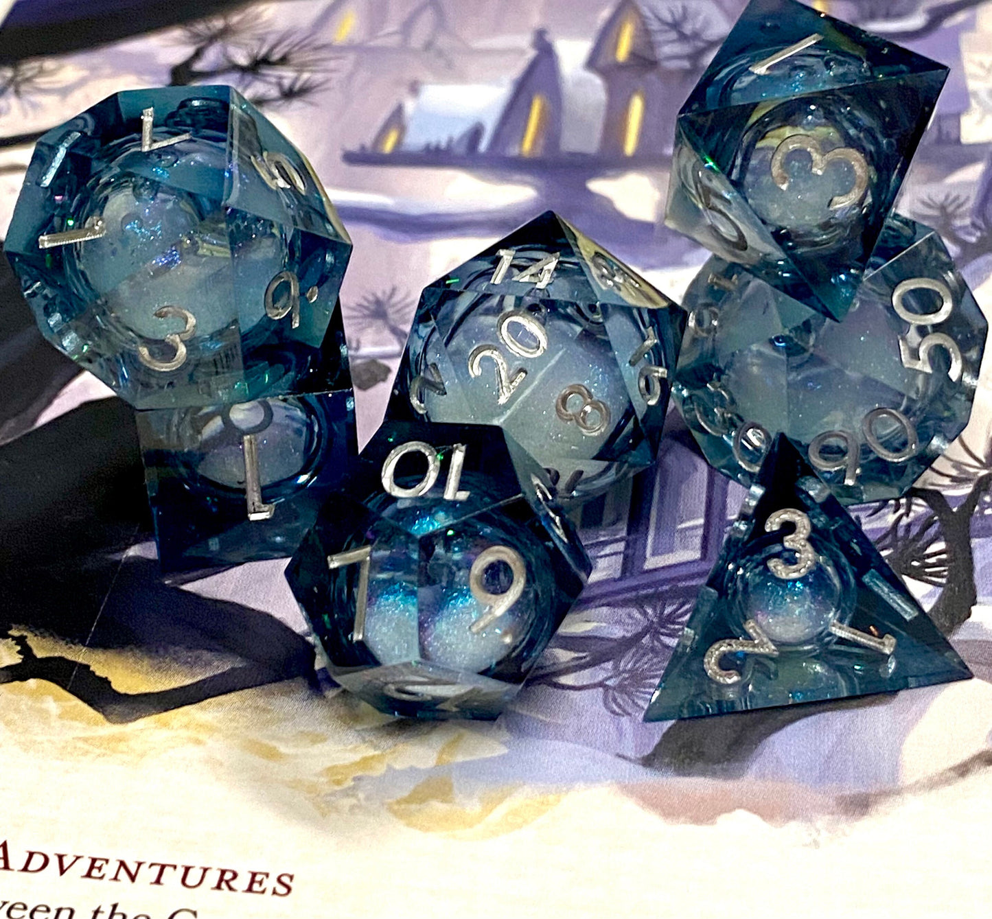 Celestial: Dark Horizons - Liquid Core FULL 7 Piece Set- Dark Translucent w/ Swirling Iridescent Glitter-TTRPGs- Read Description