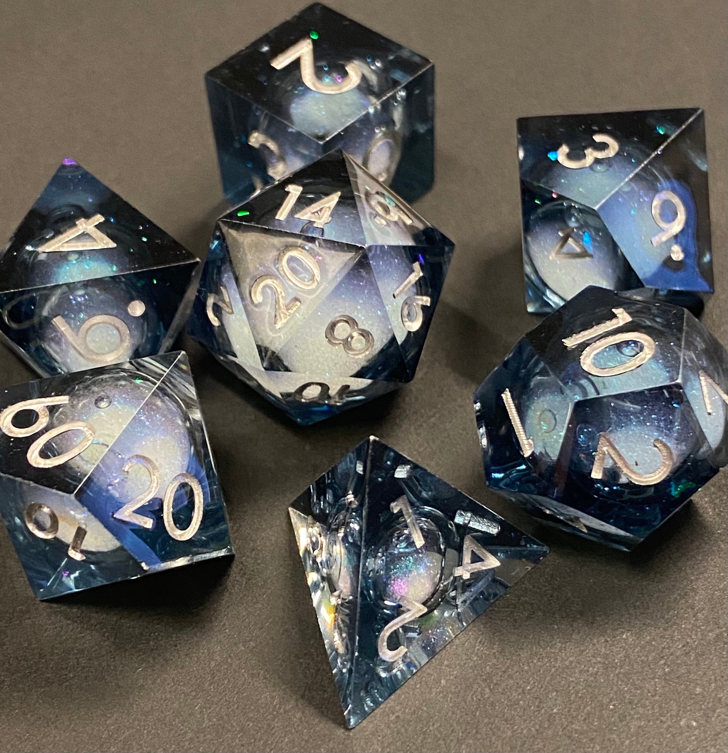 Celestial: Dark Horizons - Liquid Core FULL 7 Piece Set- Dark Translucent w/ Swirling Iridescent Glitter-TTRPGs- Read Description