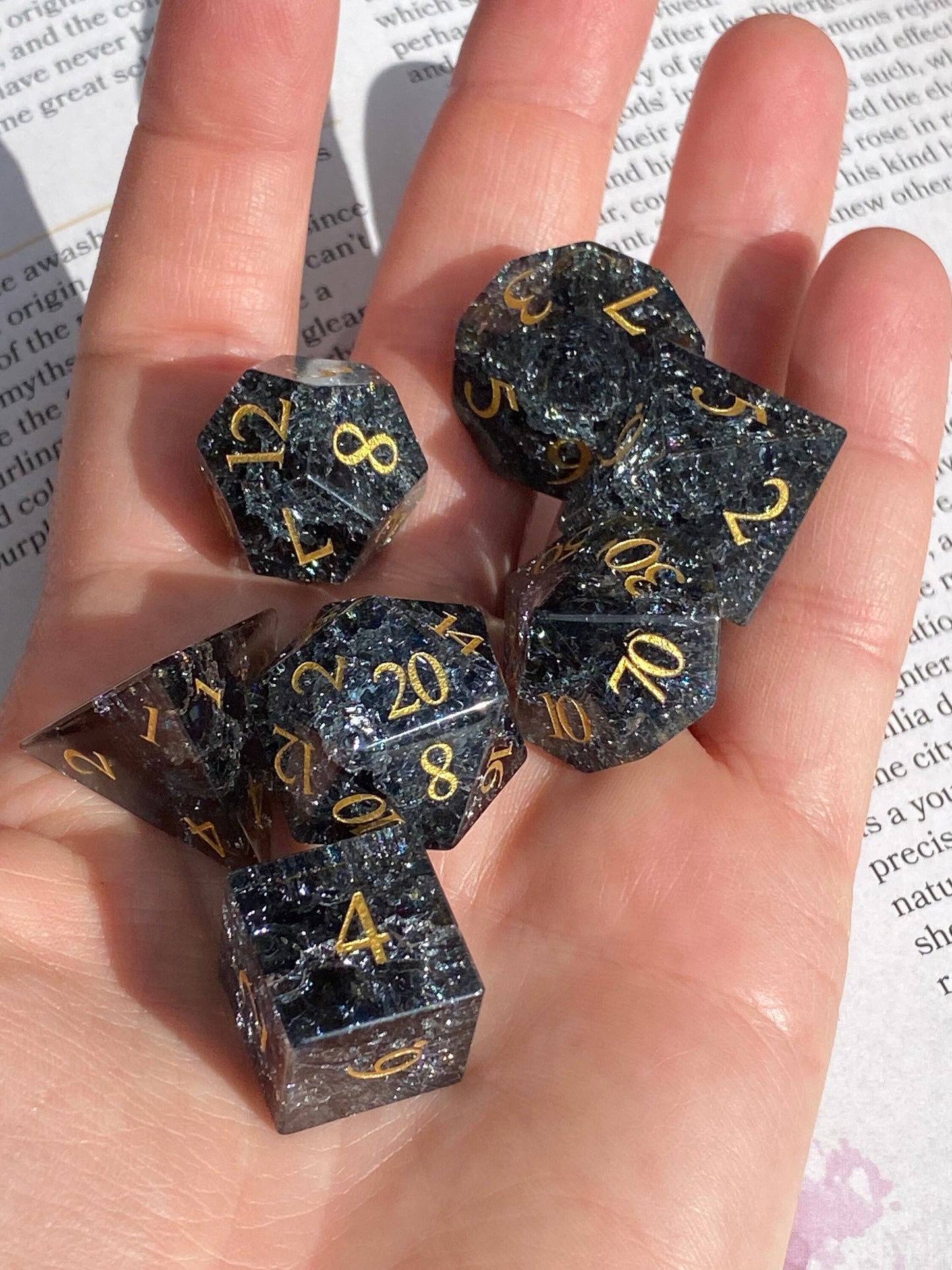 Simulacrum: The Shadows- Elegant Real Glass 7 Piece Dice Set- Prismatic Cracked Effect - Etched Gold Numbers - Balanced & Stunning- RPG Dice