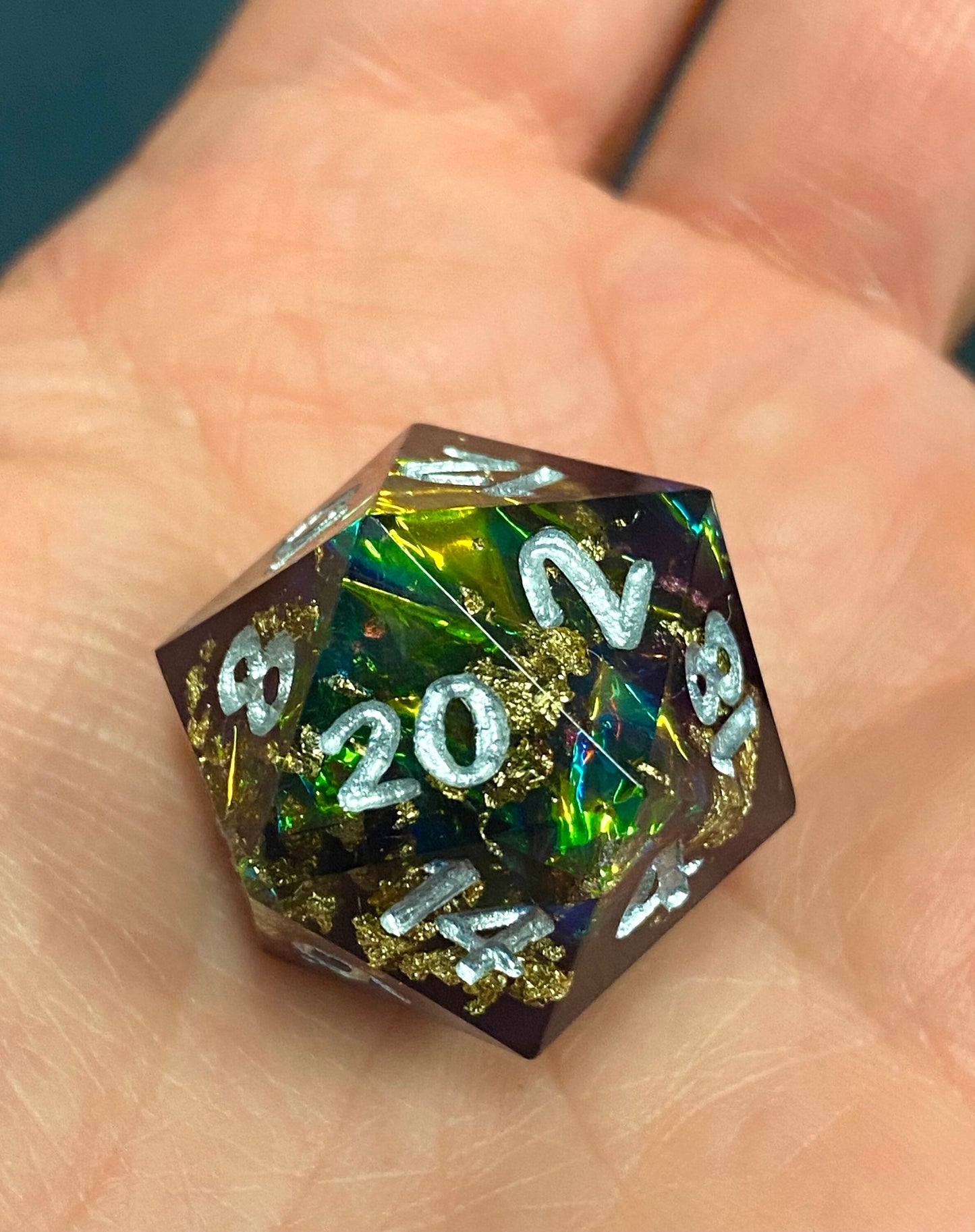 Tether Essence II - Single Sharp Edge D20s - Deep Violet and Black Resin- Prismatic Foil - Gold Foil - Silver Ink - DnD, TTRPGs- D20 Only