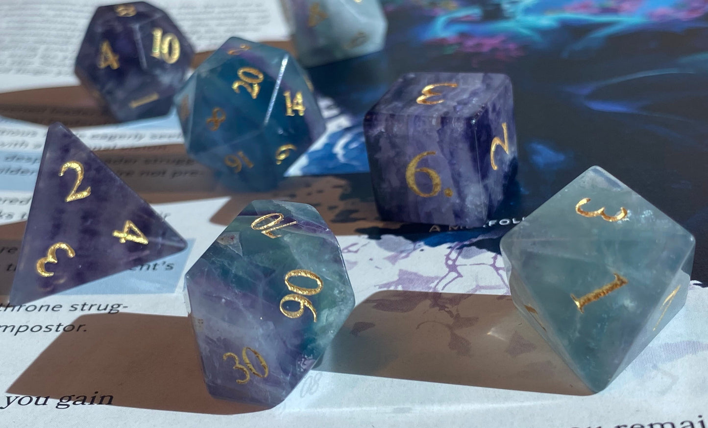 Primordial- Elegant Natural Stone Full 7 Piece Dice Set- Rainbow Fluorite - Etched Gold Numbers - Balanced & Stunning- DnD Dice, TTRPGs