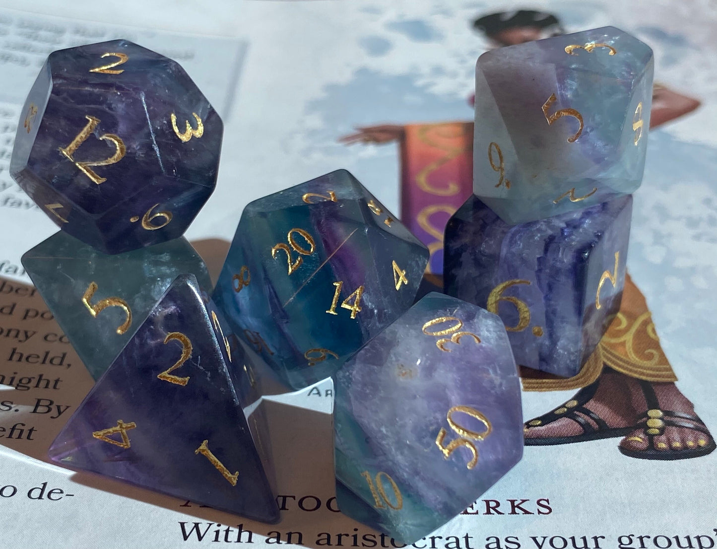 Primordial- Elegant Natural Stone Full 7 Piece Dice Set- Rainbow Fluorite - Etched Gold Numbers - Balanced & Stunning- DnD Dice, TTRPGs