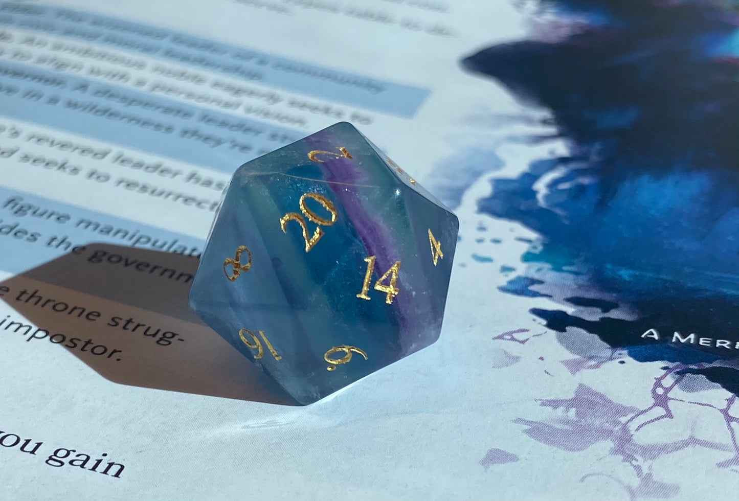 Primordial- Elegant Natural Stone Full 7 Piece Dice Set- Rainbow Fluorite - Etched Gold Numbers - Balanced & Stunning- DnD Dice, TTRPGs