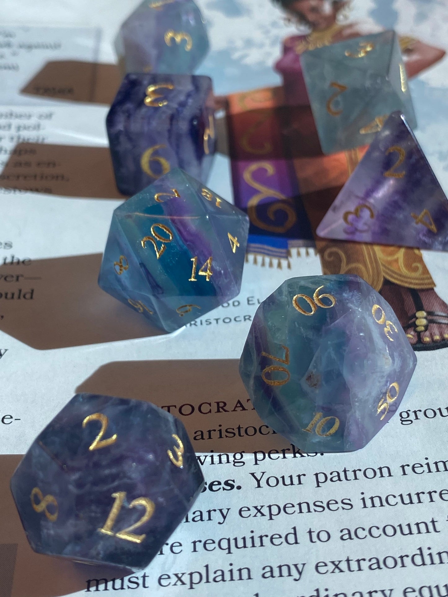 Primordial- Elegant Natural Stone Full 7 Piece Dice Set- Rainbow Fluorite - Etched Gold Numbers - Balanced & Stunning- DnD Dice, TTRPGs