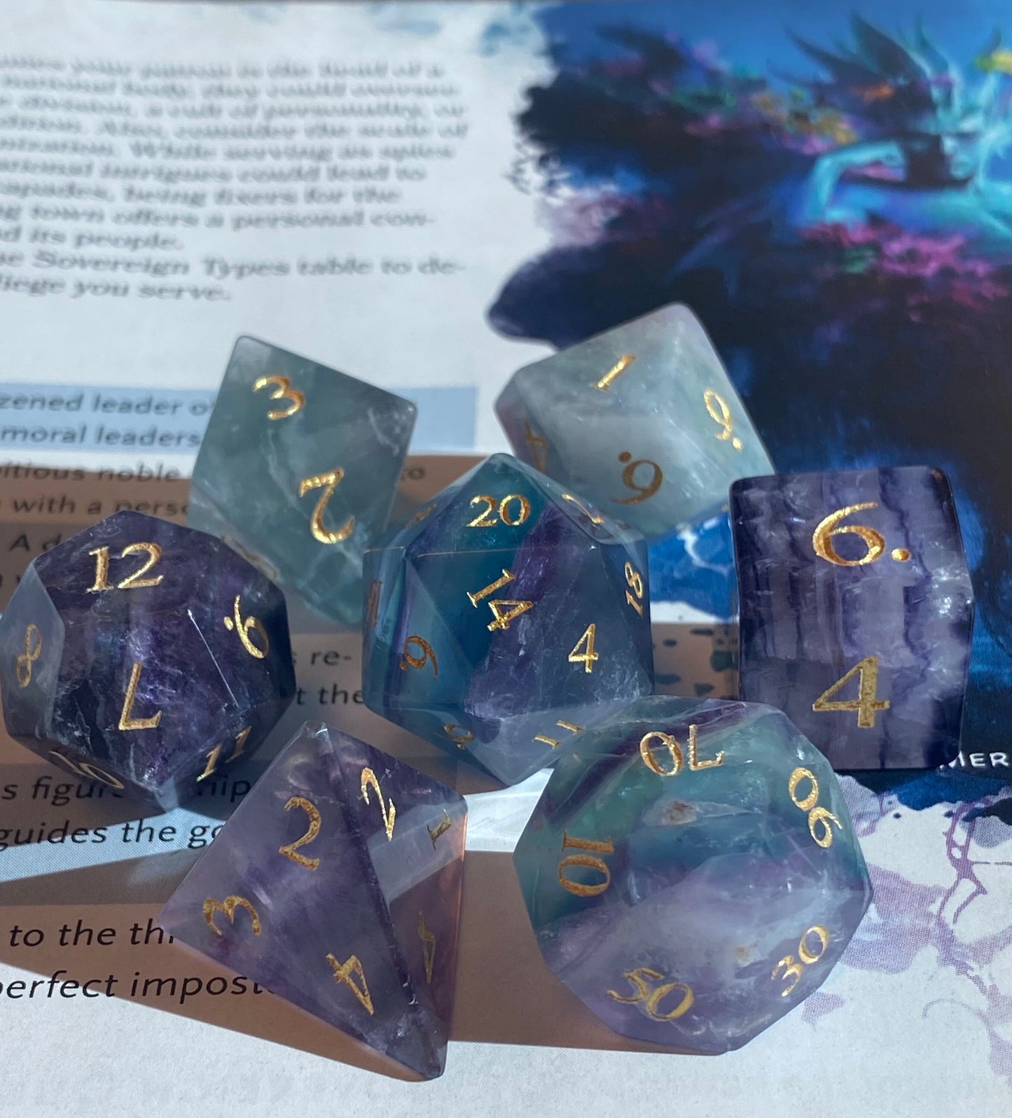 Primordial- Elegant Natural Stone Full 7 Piece Dice Set- Rainbow Fluorite - Etched Gold Numbers - Balanced & Stunning- DnD Dice, TTRPGs