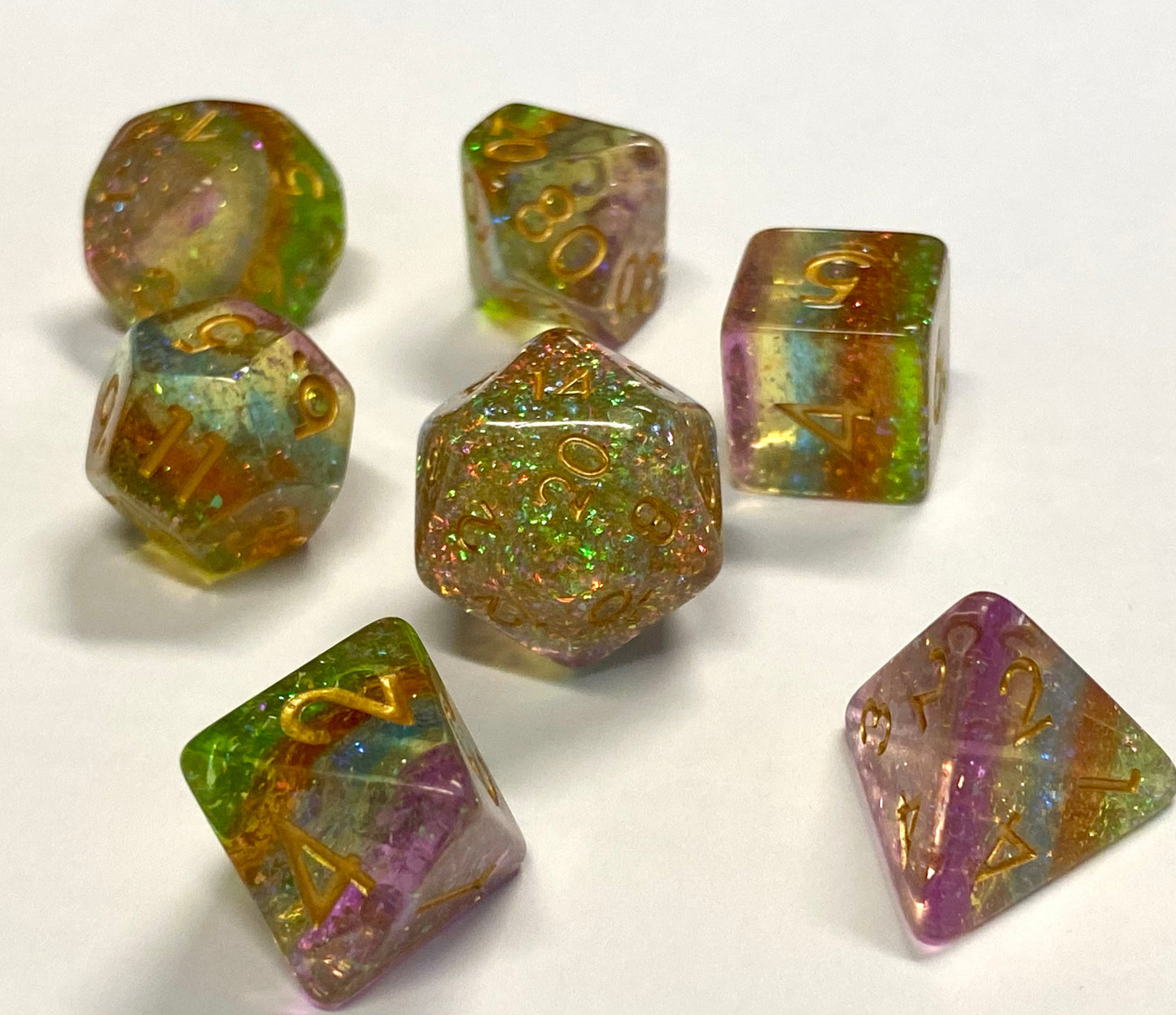 Color Spray-7 Piece Smooth Translucent Rainbow Resin Dice With Glittering Prismatic Flakes- Gold Ink - Dungeons and Dragons- TTRPGs