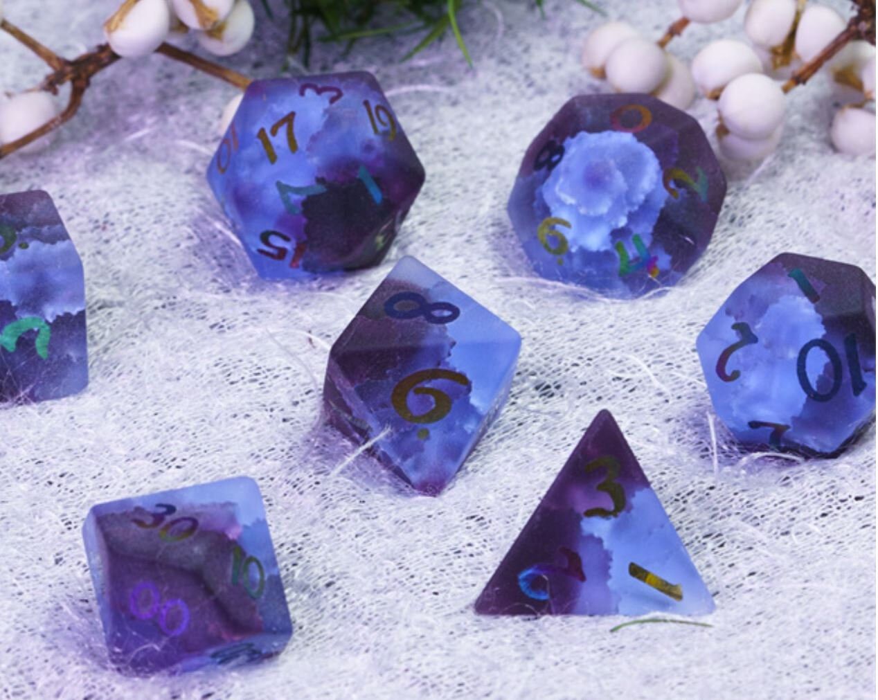 Thunderwave: Real 'Stormwatch' Glass Gemstone 7 Pc Dice Set-Dark Blue to Cerulean Gradient Effect- Rainbow Iridescent Numbers