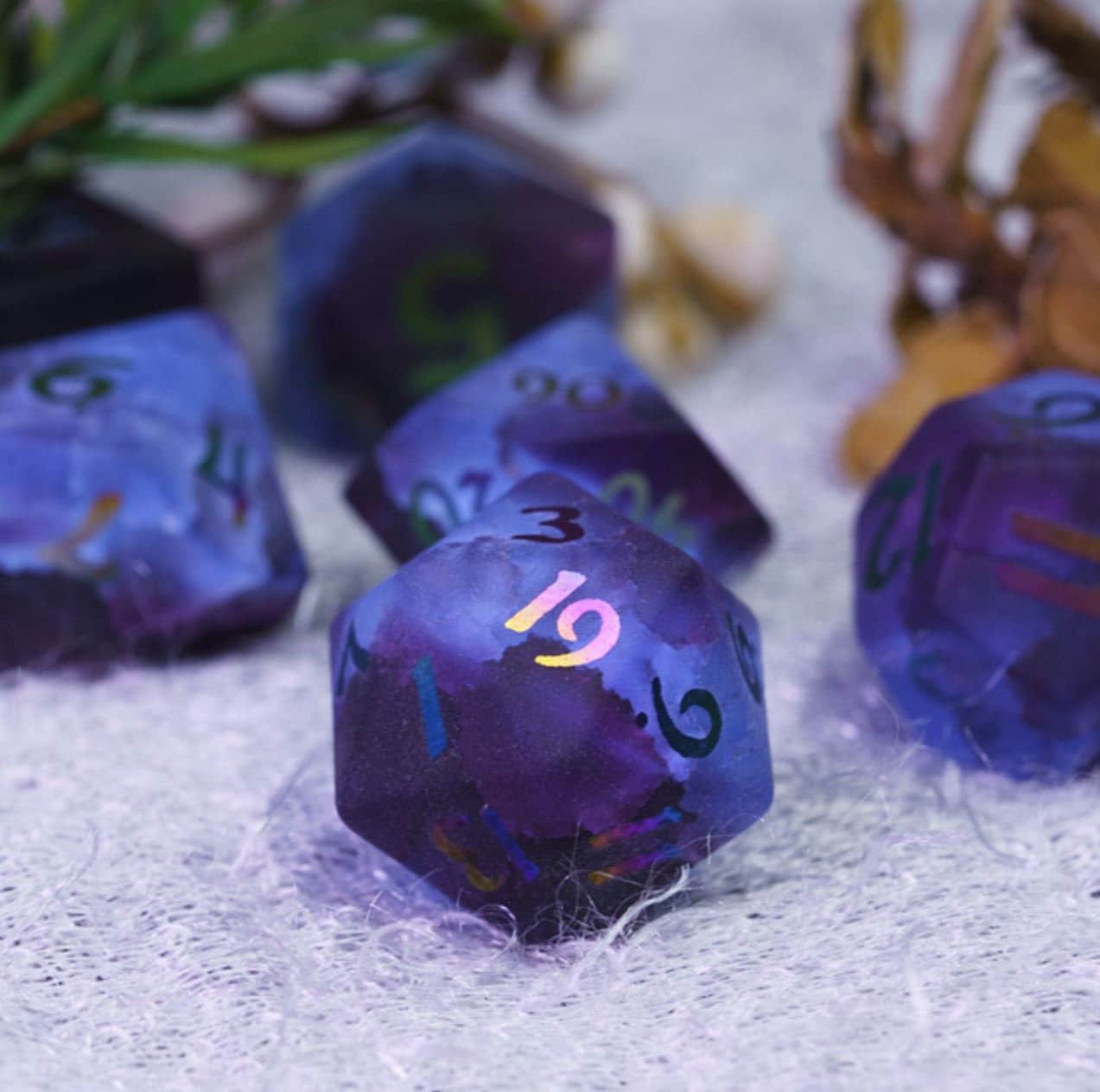 Thunderwave: Real 'Stormwatch' Glass Gemstone 7 Pc Dice Set-Dark Blue to Cerulean Gradient Effect- Rainbow Iridescent Numbers