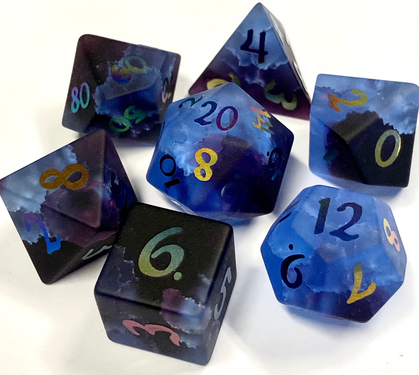 Thunderwave: Real 'Stormwatch' Glass Gemstone 7 Pc Dice Set-Dark Blue to Cerulean Gradient Effect- Rainbow Iridescent Numbers
