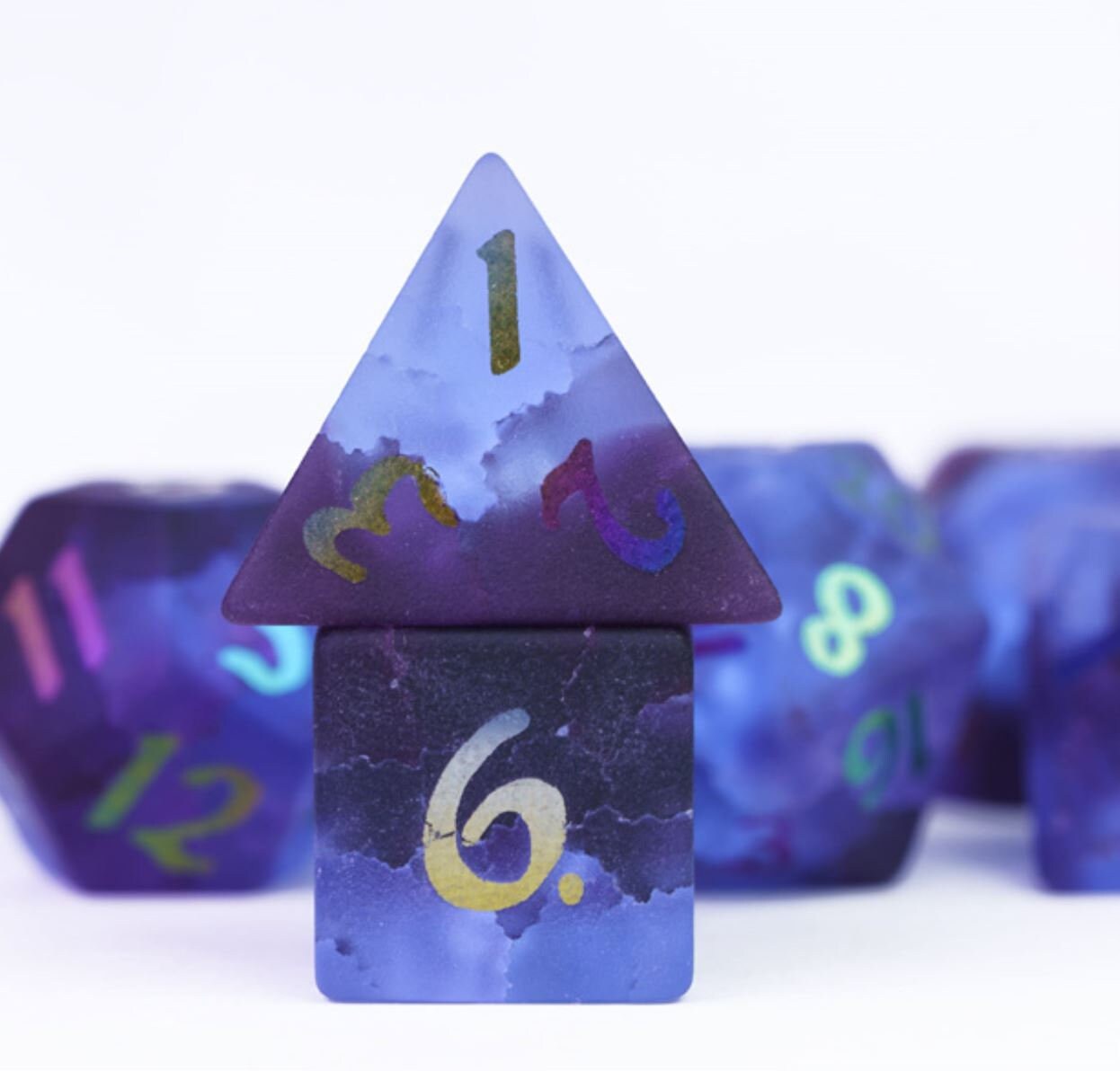 Thunderwave: Real 'Stormwatch' Glass Gemstone 7 Pc Dice Set-Dark Blue to Cerulean Gradient Effect- Rainbow Iridescent Numbers