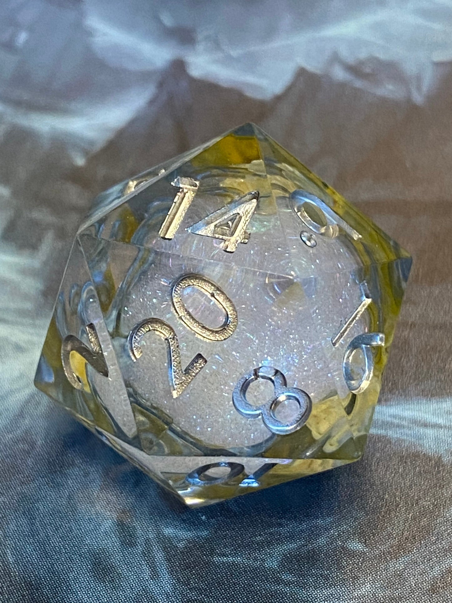 Astral Sea-"First Light" - NEW Light Tinted Liquid Core Dice Set- Yellow 'Petri' Ink-Sharp Edge- Shimmering Core-Silver Ink- DnD-TTRPGs