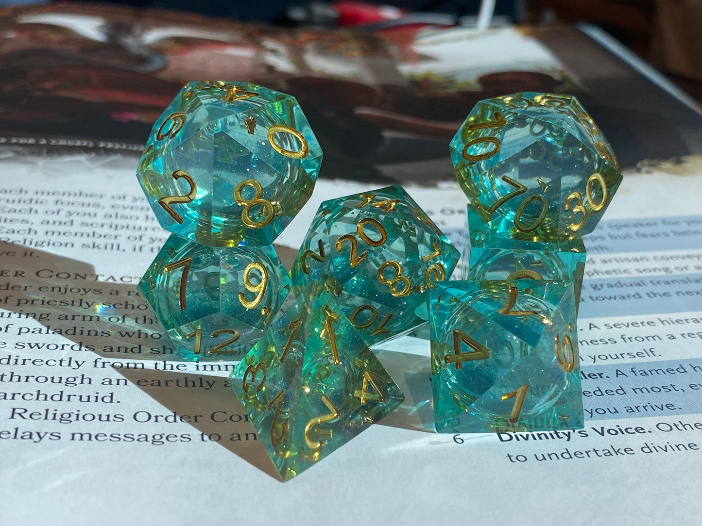 Celestial: Seascape Treasure - Liquid Core FULL 7 Piece Set- Translucent Teal w/ Gold Flakes and Swirling Emerald Glitter- Read Description