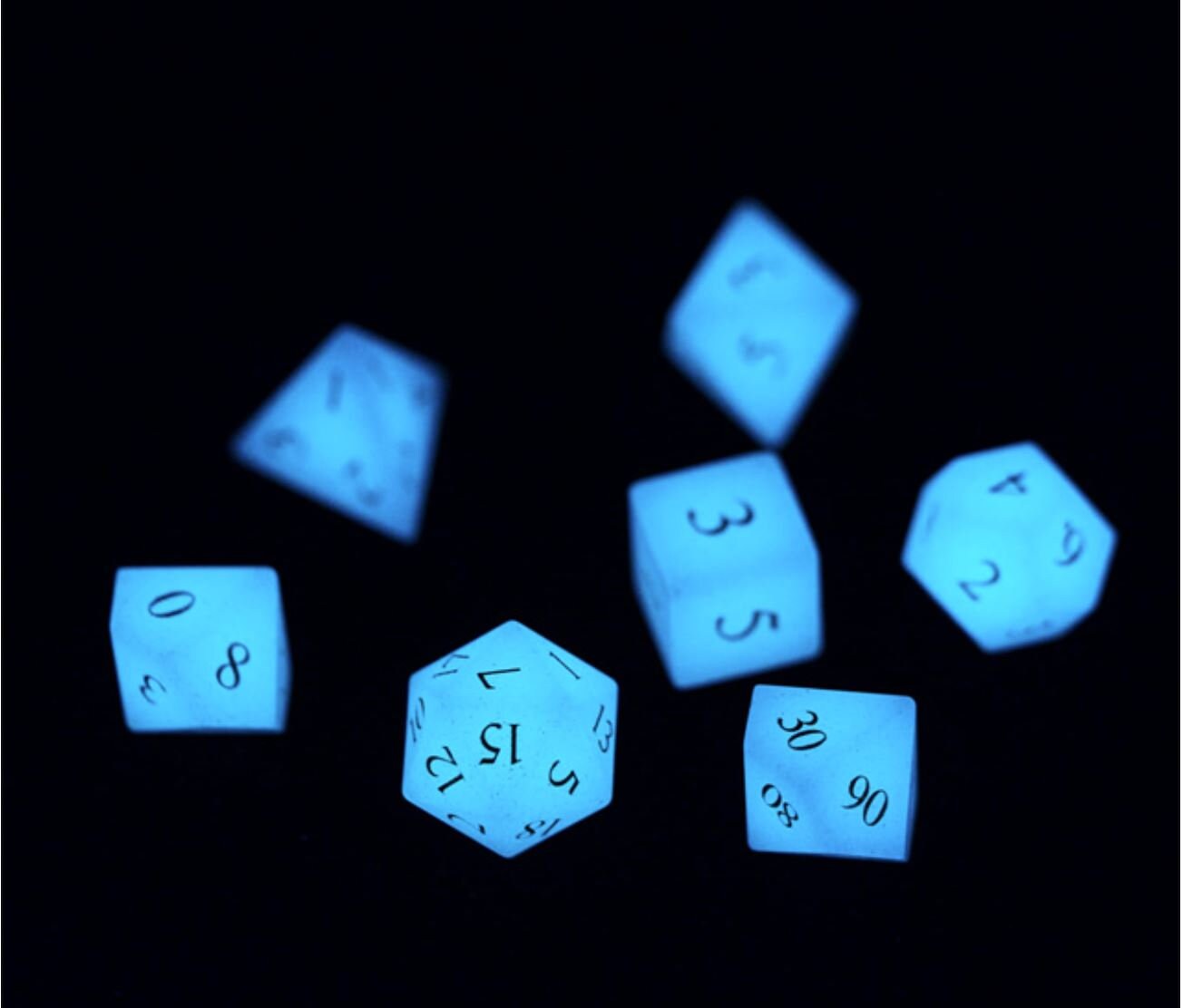 Invisibility - NEW 'Glowstone' Dice- Real Gemstone Full 7 Piece Set - Glows Vibrant Blue in the Dark- Subtle Shimmers In Light- DnD TTRPGs