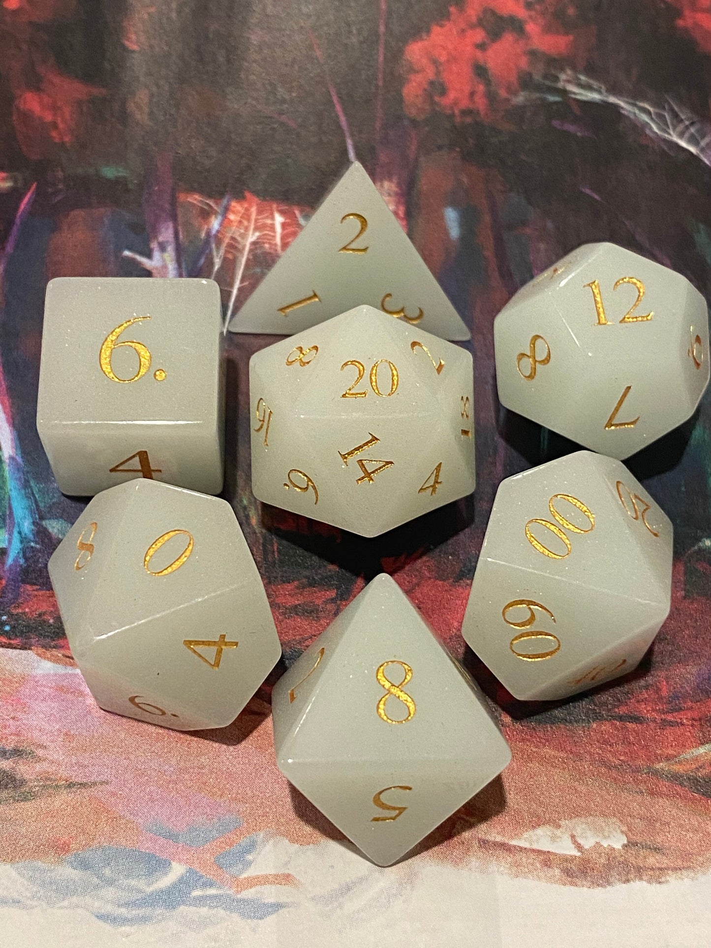 Invisibility - NEW 'Glowstone' Dice- Real Gemstone Full 7 Piece Set - Glows Vibrant Blue in the Dark- Subtle Shimmers In Light- DnD TTRPGs