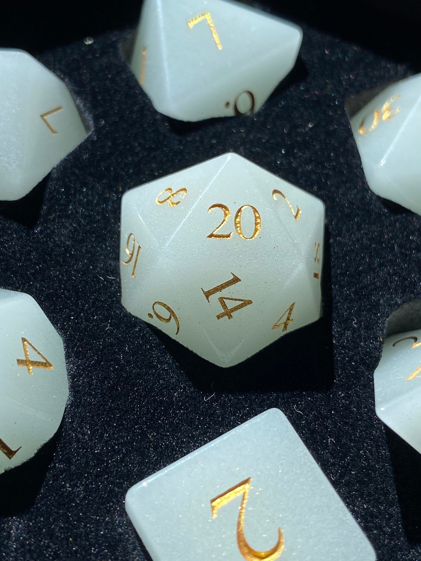 Invisibility - NEW 'Glowstone' Dice- Real Gemstone Full 7 Piece Set - Glows Vibrant Blue in the Dark- Subtle Shimmers In Light- DnD TTRPGs