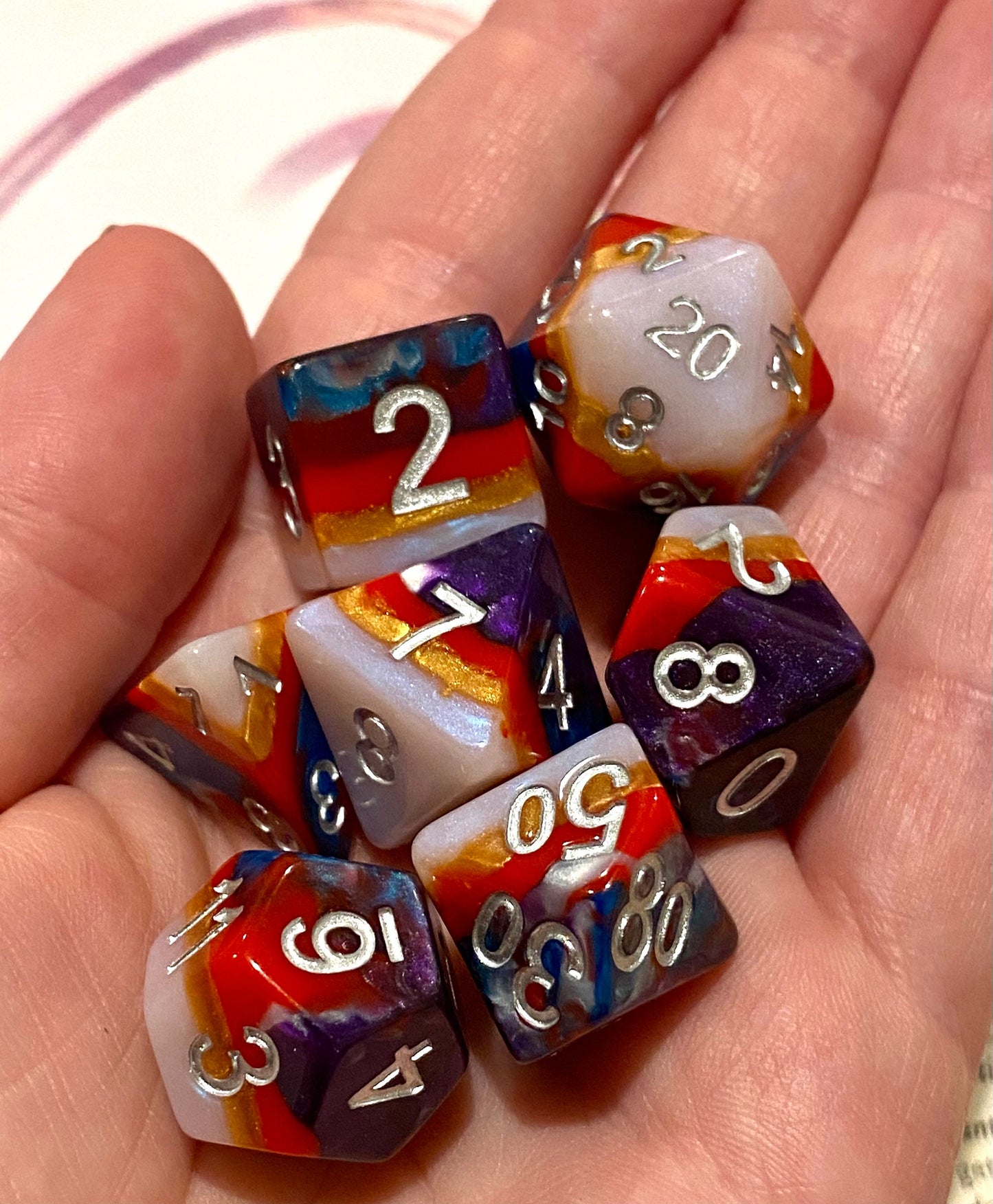 Feywild Sunset - Pearly Layered 7 Piece Dice Set - Violet/Blue/Crimson/Yellow/Pearl Colors- Silver Ink- Dungeons and Dragons, TTRPGS