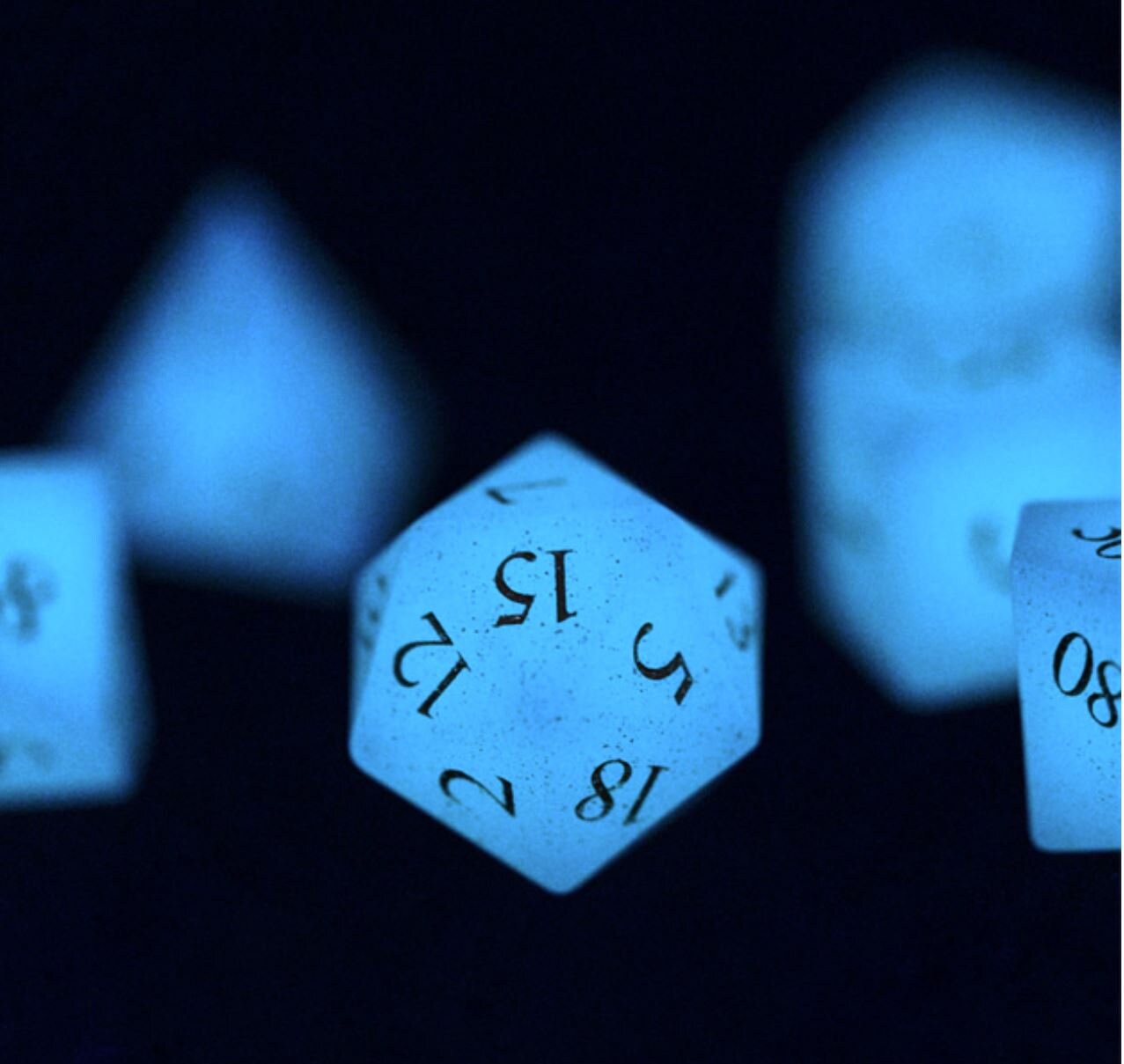 Invisibility - NEW 'Glowstone' Dice- Real Gemstone Full 7 Piece Set - Glows Vibrant Blue in the Dark- Subtle Shimmers In Light- DnD TTRPGs