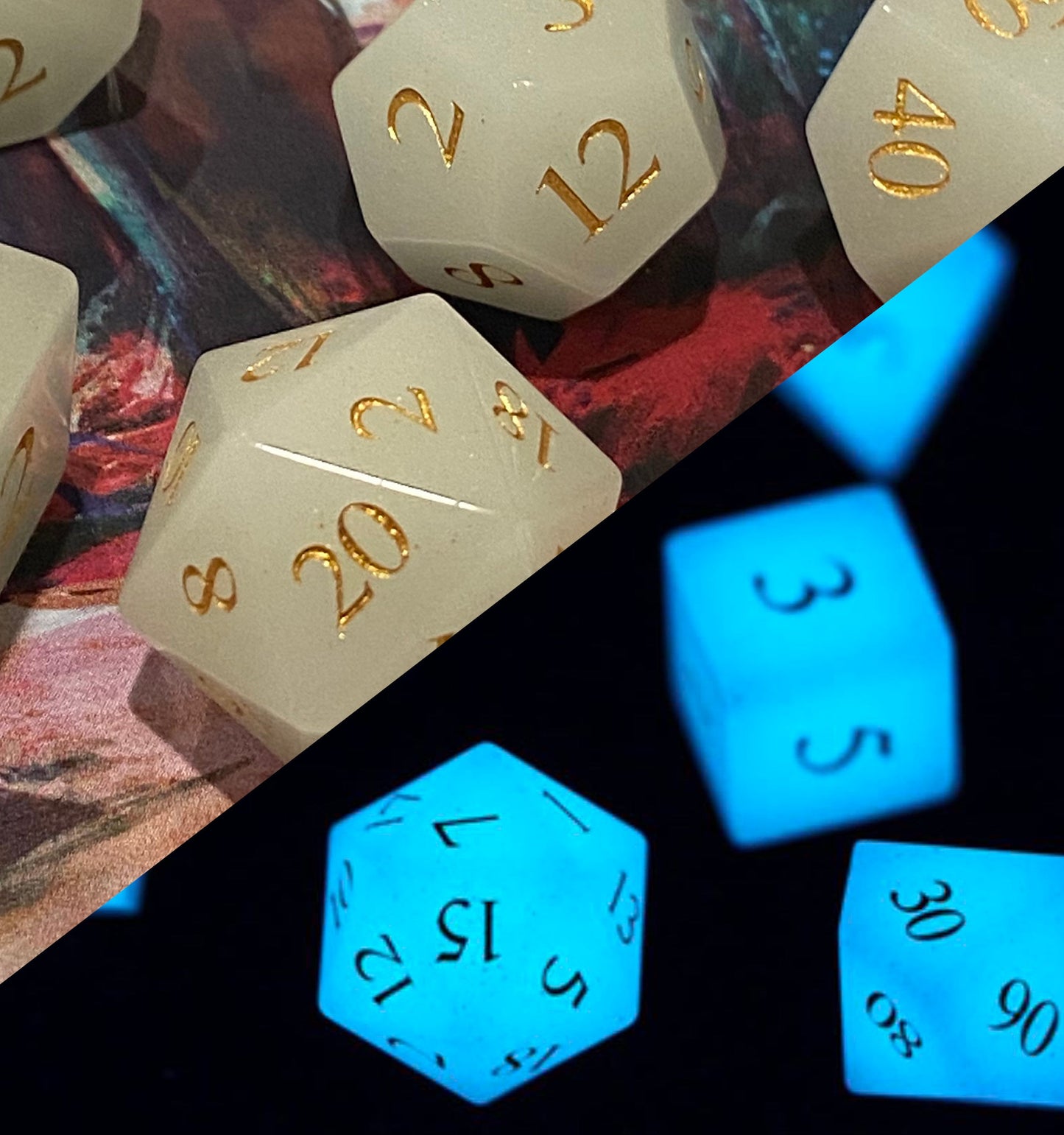 Invisibility - NEW 'Glowstone' Dice- Real Gemstone Full 7 Piece Set - Glows Vibrant Blue in the Dark- Subtle Shimmers In Light- DnD TTRPGs