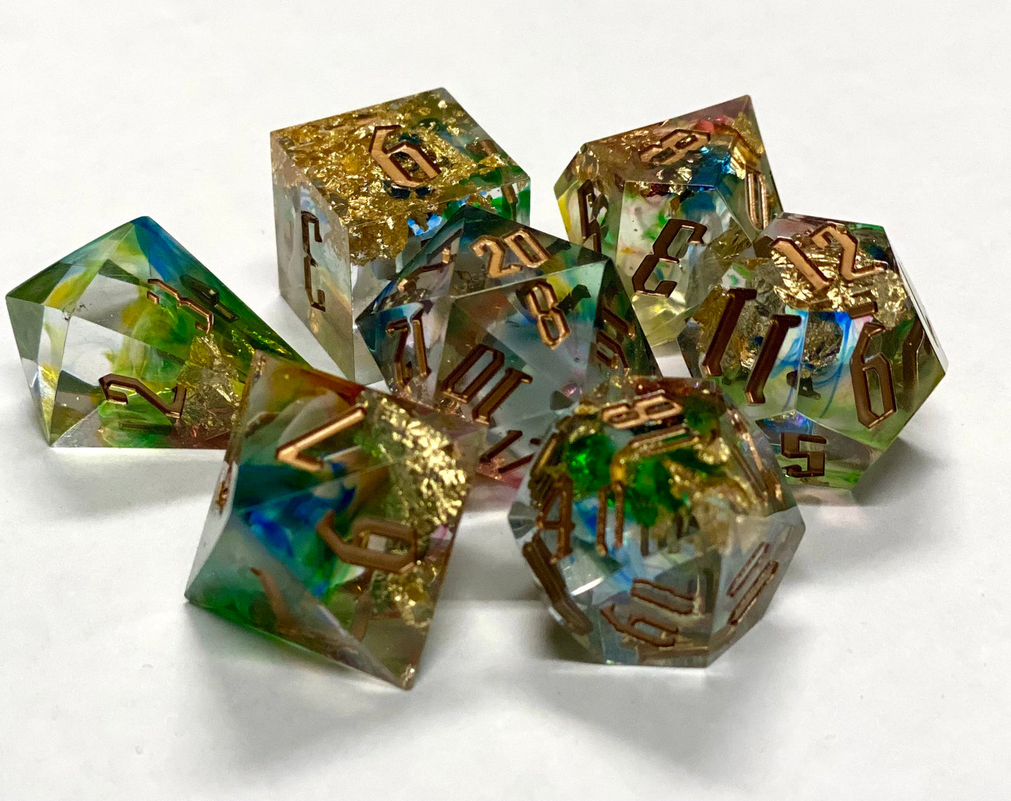 Fortune's Favor II - Premium New Style 7 Piece Dice Set w/ Crystal D4- Ultra Sharp Edge- Translucent Rainbow Effect/Gold Flakes- RPG Dice