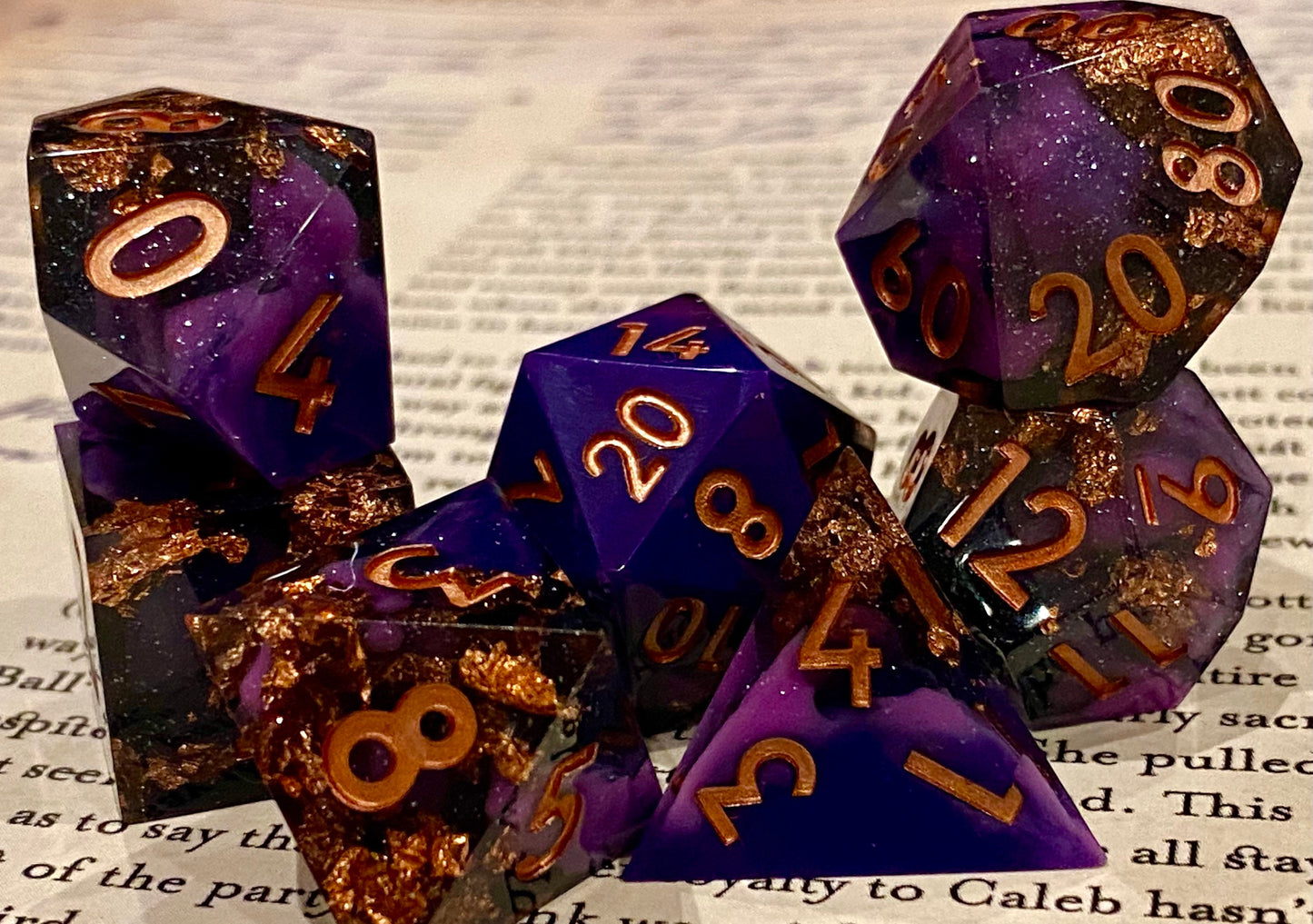 Hypnotic Pattern II -Cosmic Swirled Violet/Cloudy/Black/Glittering 7 Piece Sharp Edge Dice Set- Copper Flake Inclusions - DnD, TTRPGs