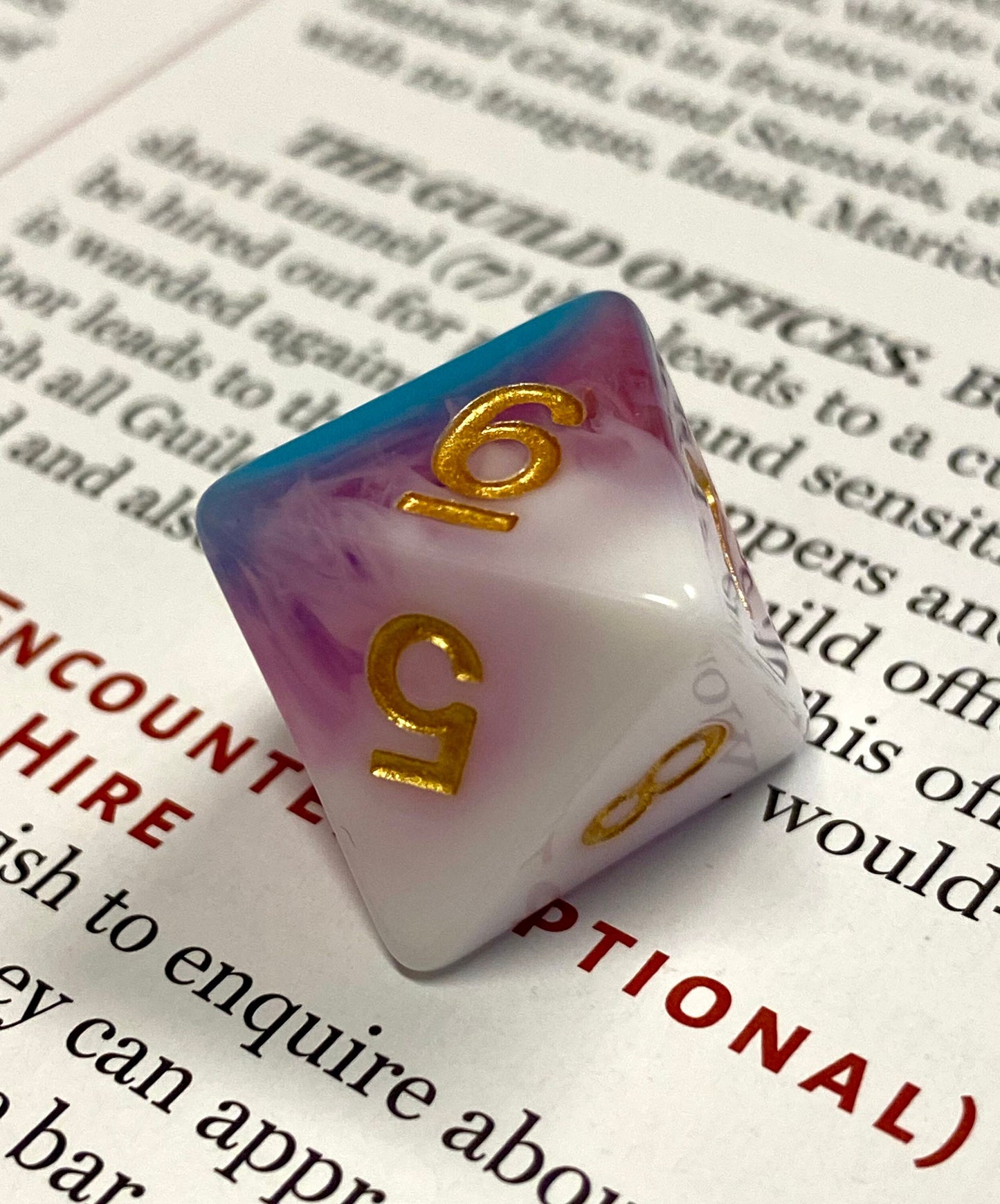 Snowmelt- Tri-Color Acrylic 7 Piece Dice Set - Sky Blue and Fuchsia, with Snowy White "Melt" Effect- Gold Numbers- DnD, TTRPGs