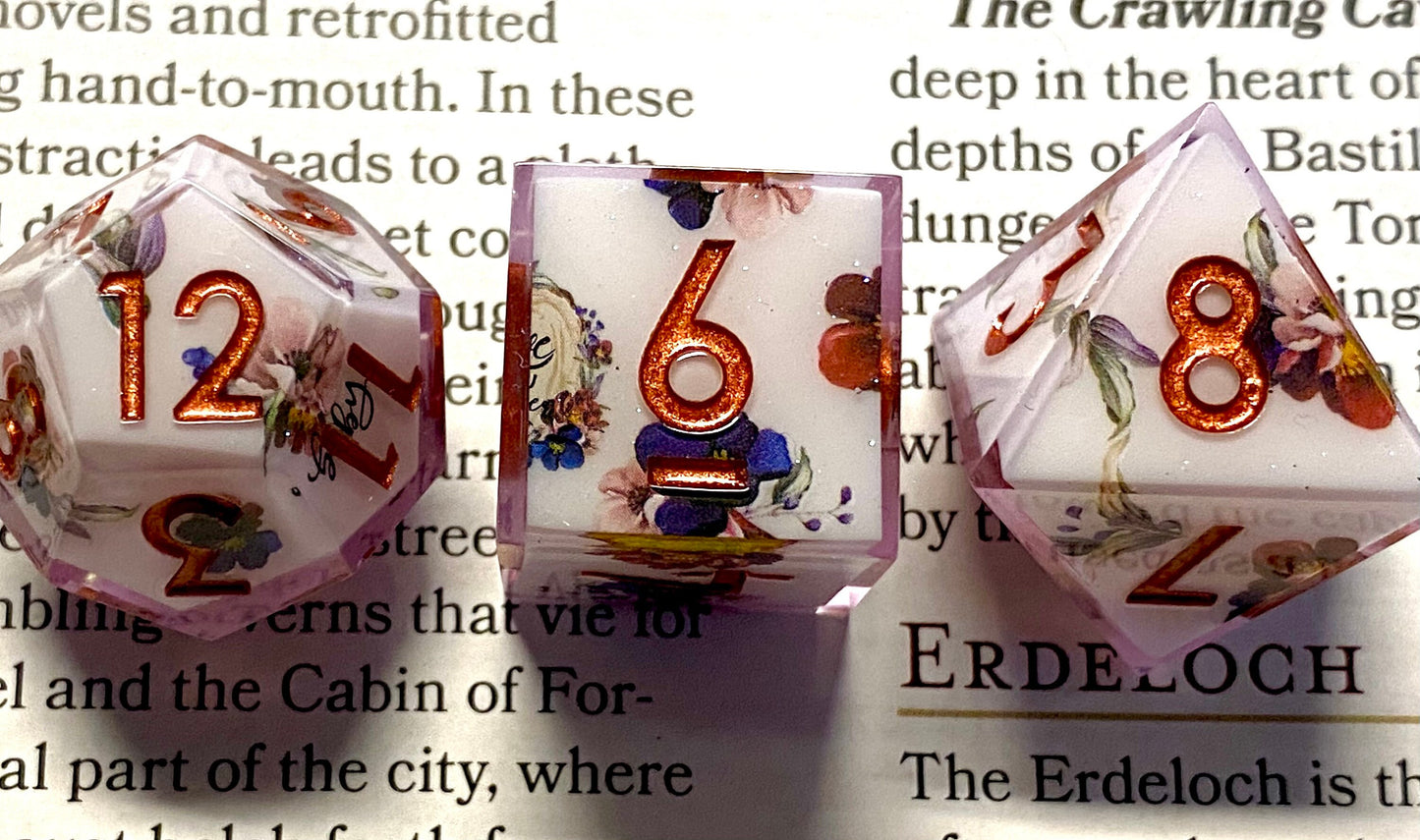 Regency- Elegant Vintage Floral Dice Set-Antique White With Flowers and Script-Copper Inked Numbers-RPG Dice, Dungeons & Dragons, Pathfinder