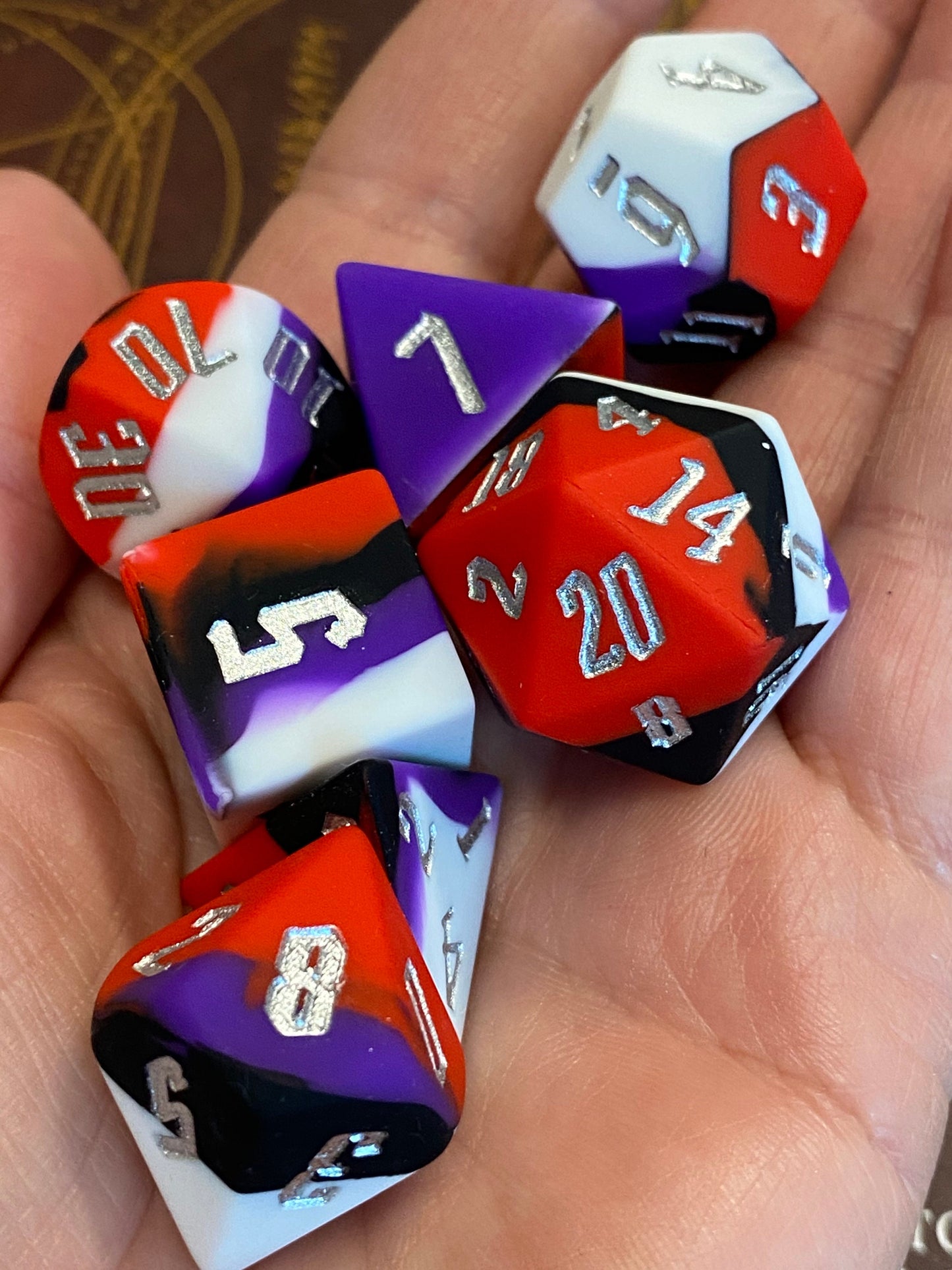 Telekinesis II- 7 Piece Marble Silicone Dice Set-Red/Black/Violet/White-Bouncy, Squishy, Standard Size- Silver Ink- RPGs, DnD, Pathfinder