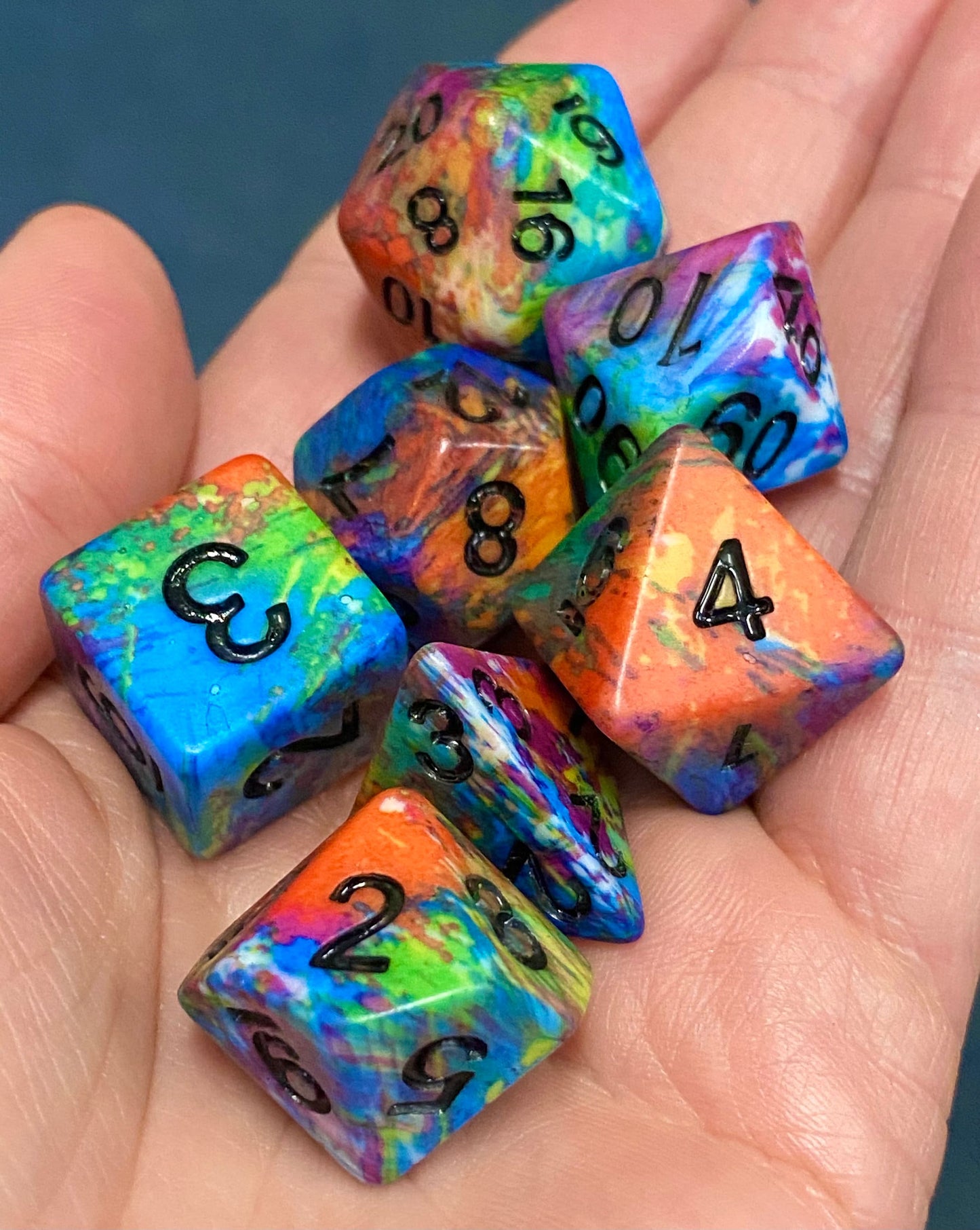Chromatic- Bright Rainbow Mixed 7 Piece Dice Set- Black Ink- Vibrant Matte Finish- Dungeons and Dragons, TTRPGs, Pathfinder