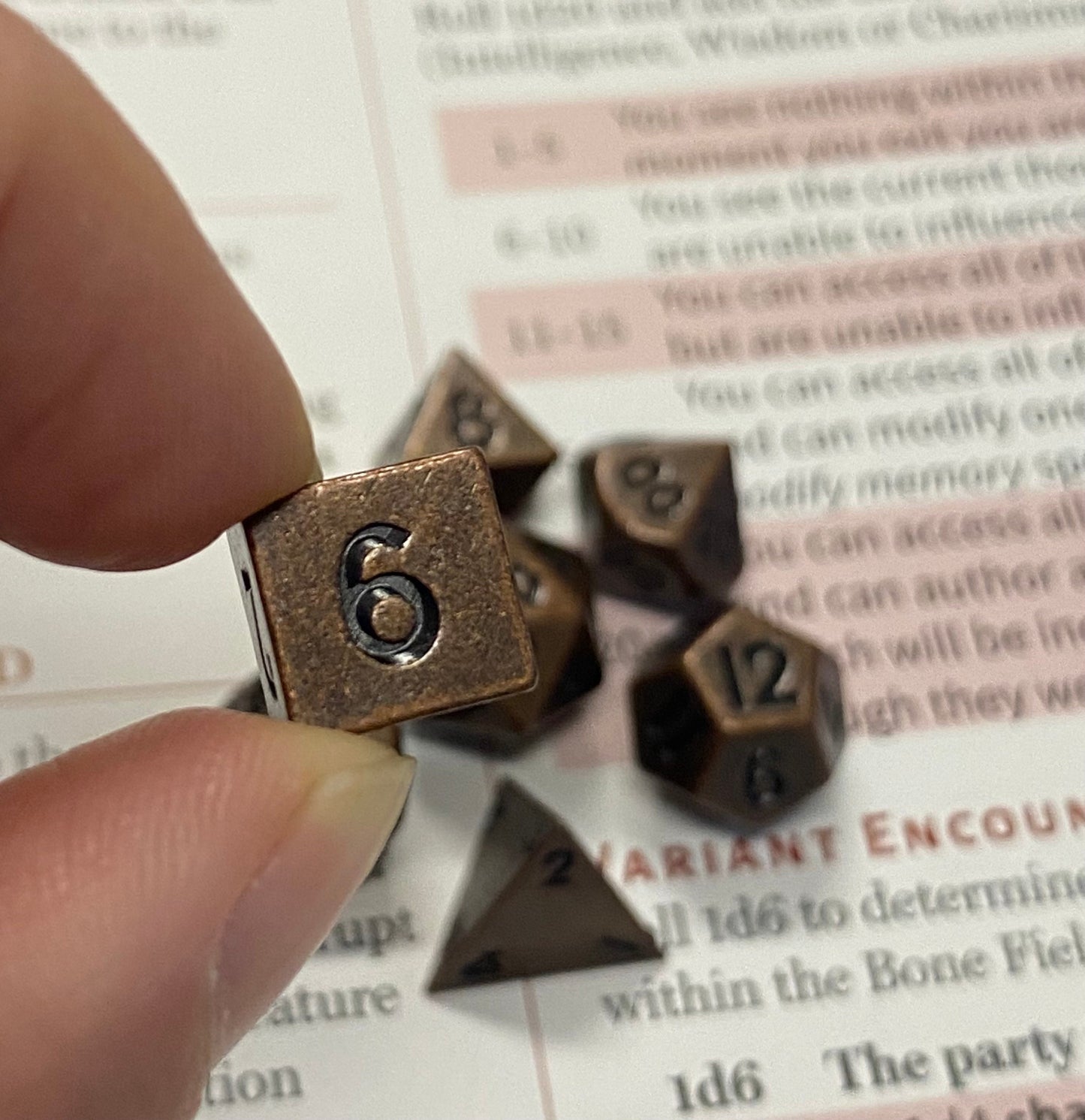 Gnomish Forge- Metal MICRO MINI 7 Piece Dice Set - Copper Color- Black Etched Numbers- DnD, TTRPGs