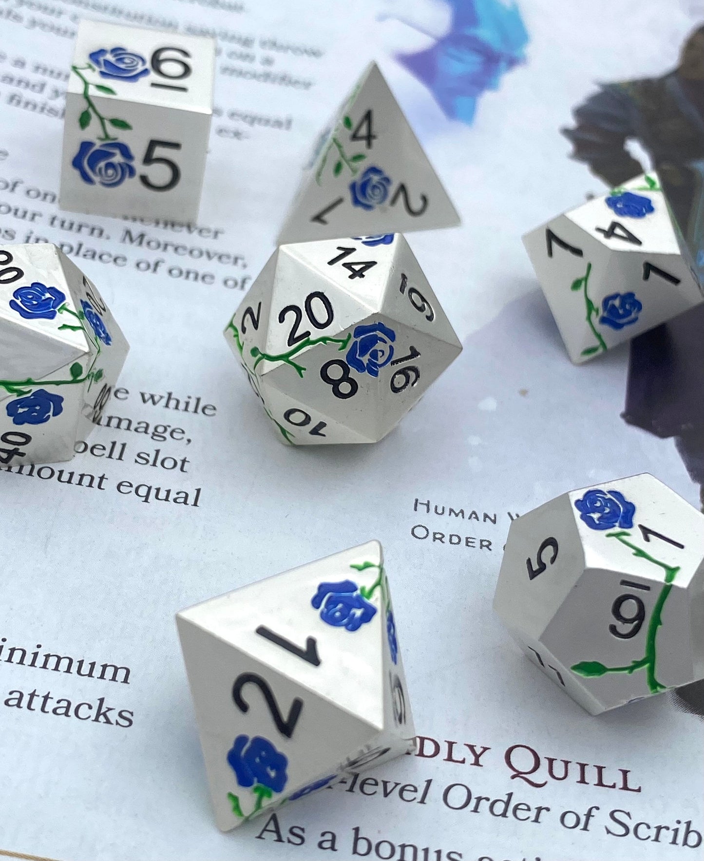 Mithril: Royal - Solid Metal Floral Pattern 7 Piece Sharp Edge Dice Set - Silver With Royal Blue Flowers and Vines- DnD, TTRPGs, Pathfinder