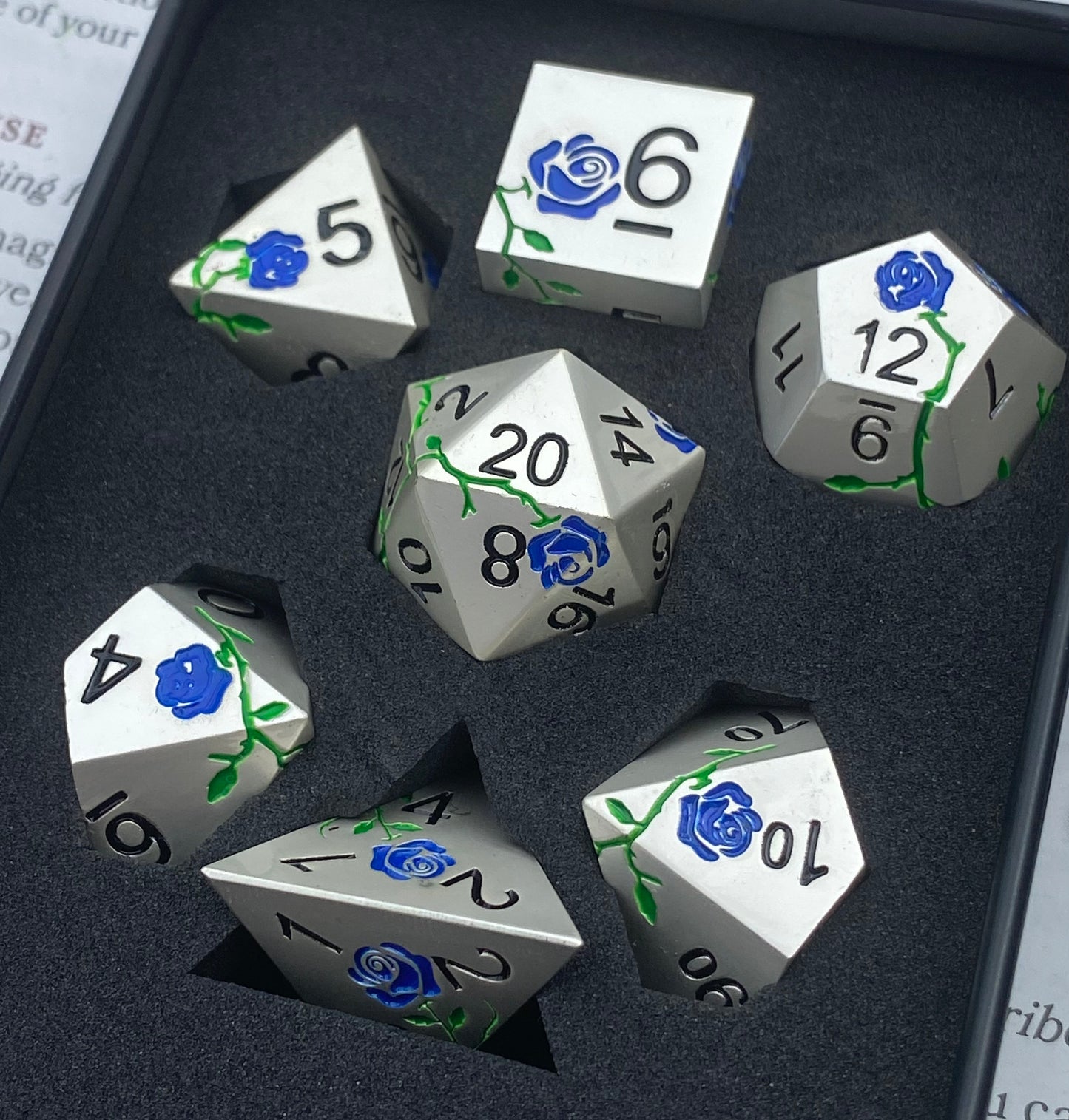 Mithril: Royal - Solid Metal Floral Pattern 7 Piece Sharp Edge Dice Set - Silver With Royal Blue Flowers and Vines- DnD, TTRPGs, Pathfinder