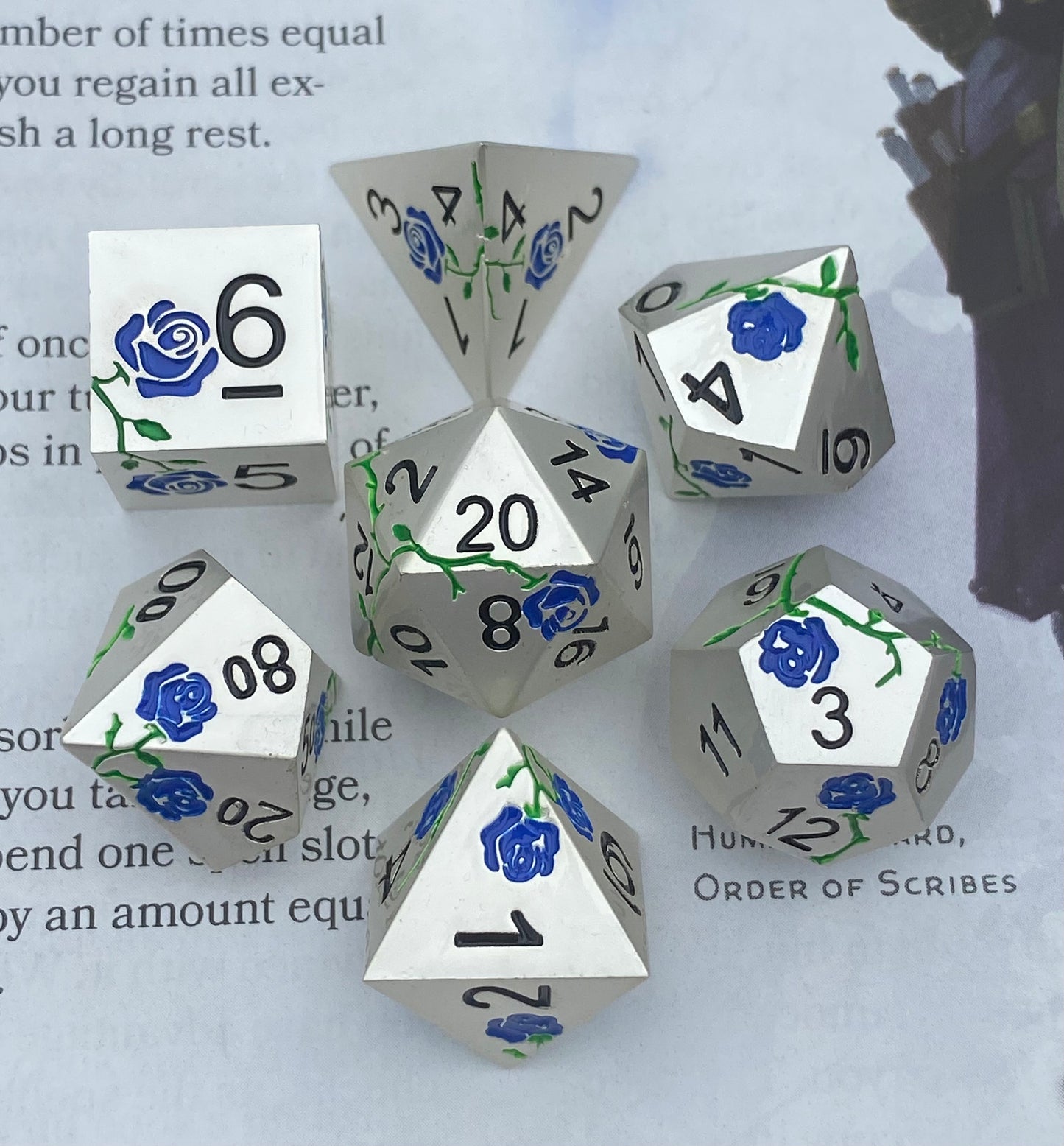 Mithril: Royal - Solid Metal Floral Pattern 7 Piece Sharp Edge Dice Set - Silver With Royal Blue Flowers and Vines- DnD, TTRPGs, Pathfinder