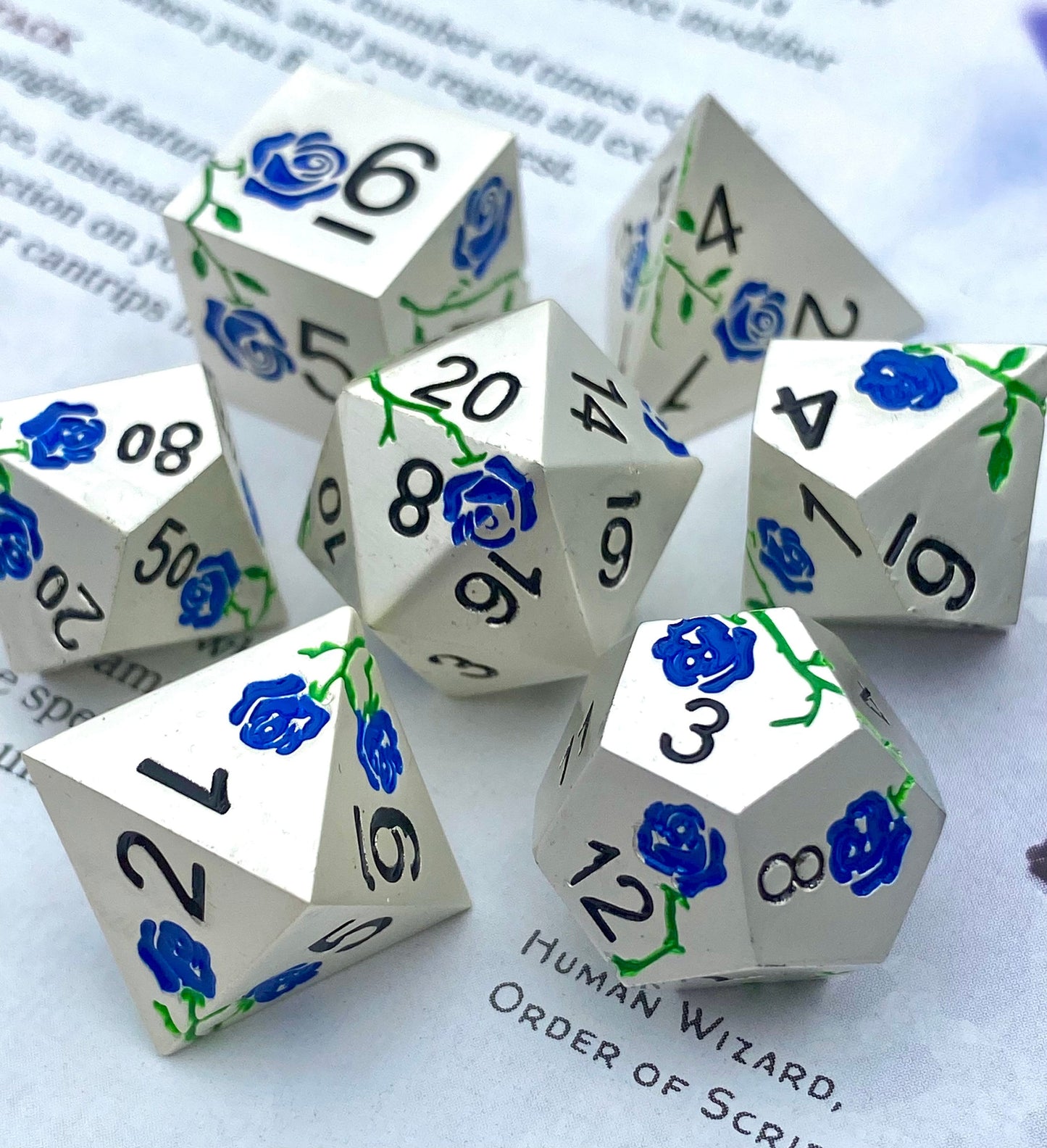 Mithril: Royal - Solid Metal Floral Pattern 7 Piece Sharp Edge Dice Set - Silver With Royal Blue Flowers and Vines- DnD, TTRPGs, Pathfinder