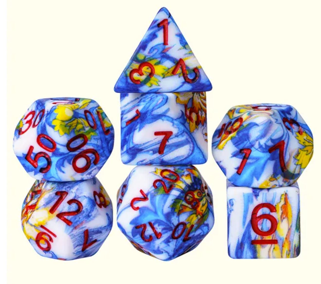 Water Walk-"Aesthetic Collection" Dice Set- Bright Blue and Yellow Water/Floral Print Dice -Unique Matte Finish- DND, TTRPGs, Pathfinder