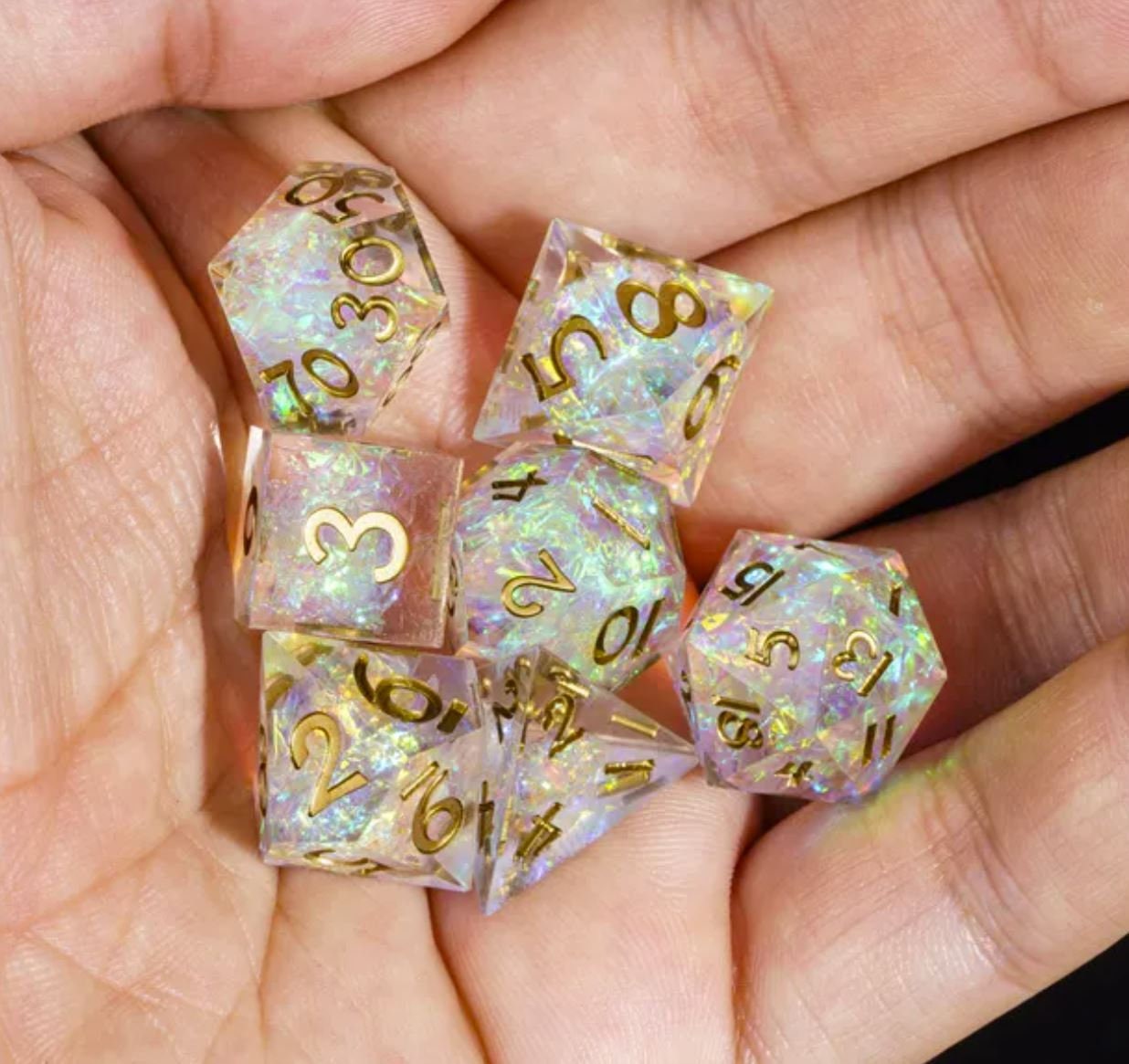 Minute Meteors - MINI Sharp Edge Dice Set! New style Prismatic Tiny Dice- Iridescent Foil and Gold Inked Numbers- DnD, TTRPGs, Pathfinder