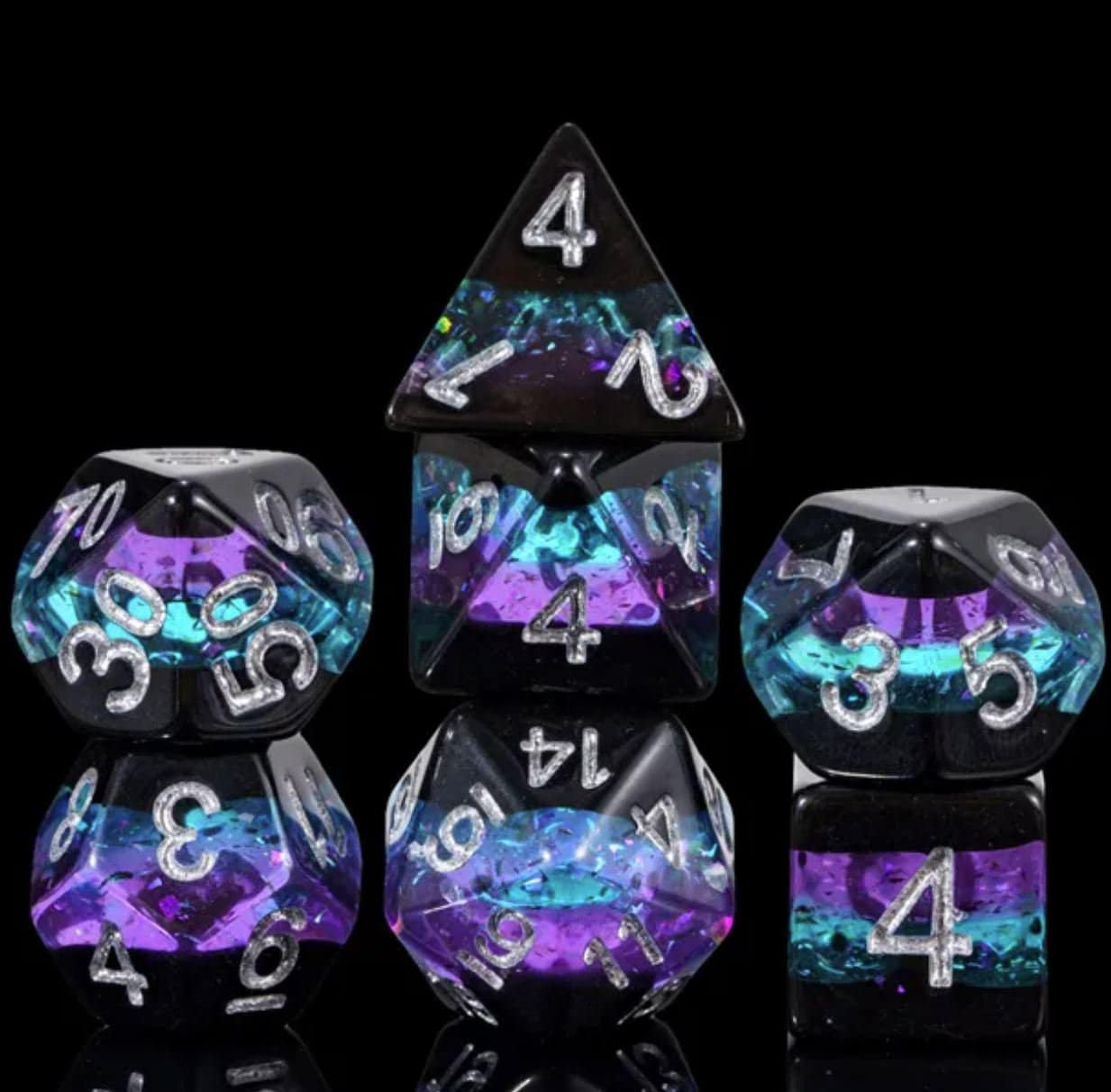 Arcane Eye- Sparkling Layered Semi-Translucent Dice Set- Glitter Blue and Violet Encased in Ebony Acrylic- Silver Ink DnD, Pathfinder, RPGs